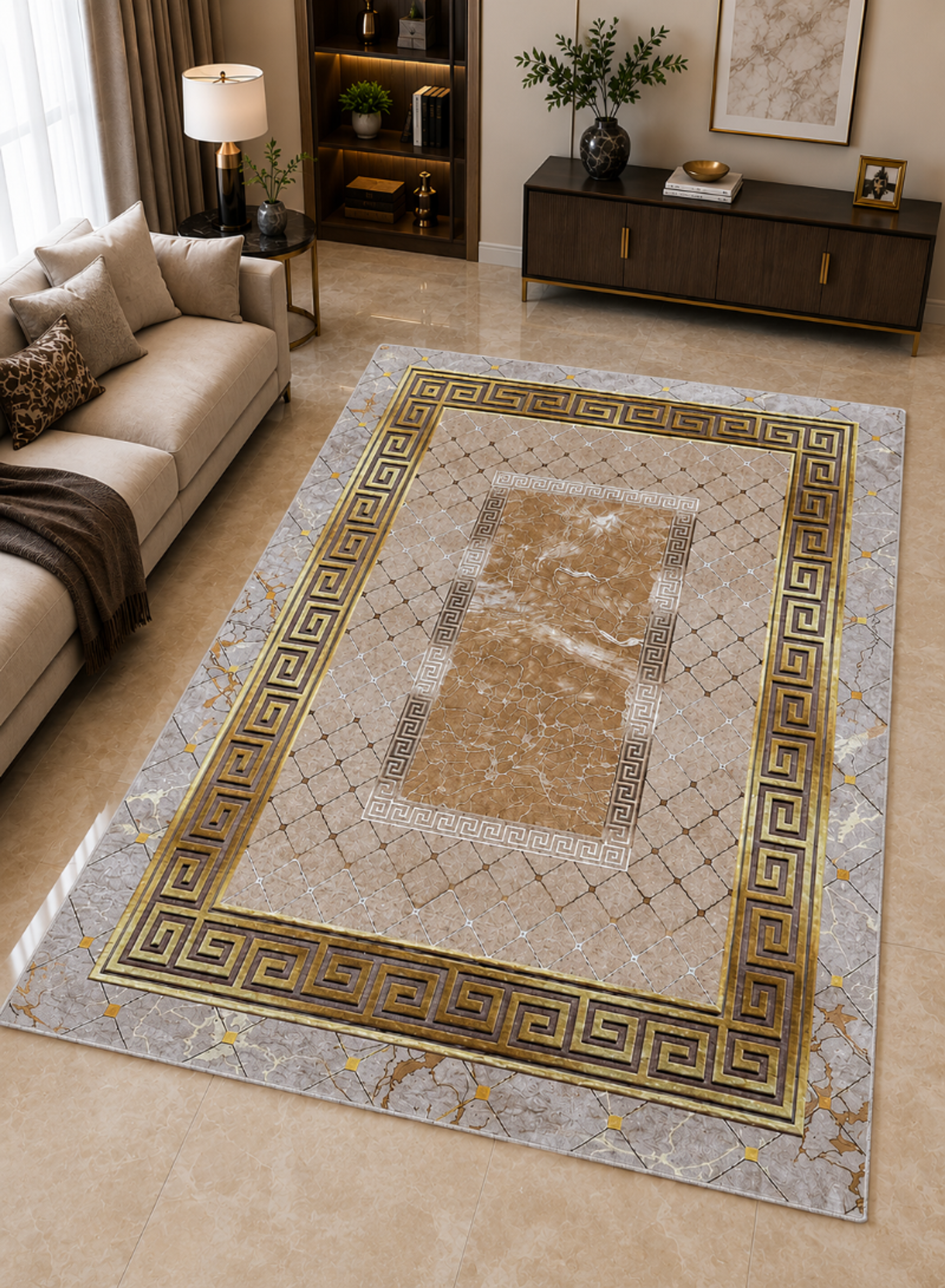 Luxury Classic Gold Design Area Rug – Modern Living Room Carpet with Marble Pattern and Decorative Border