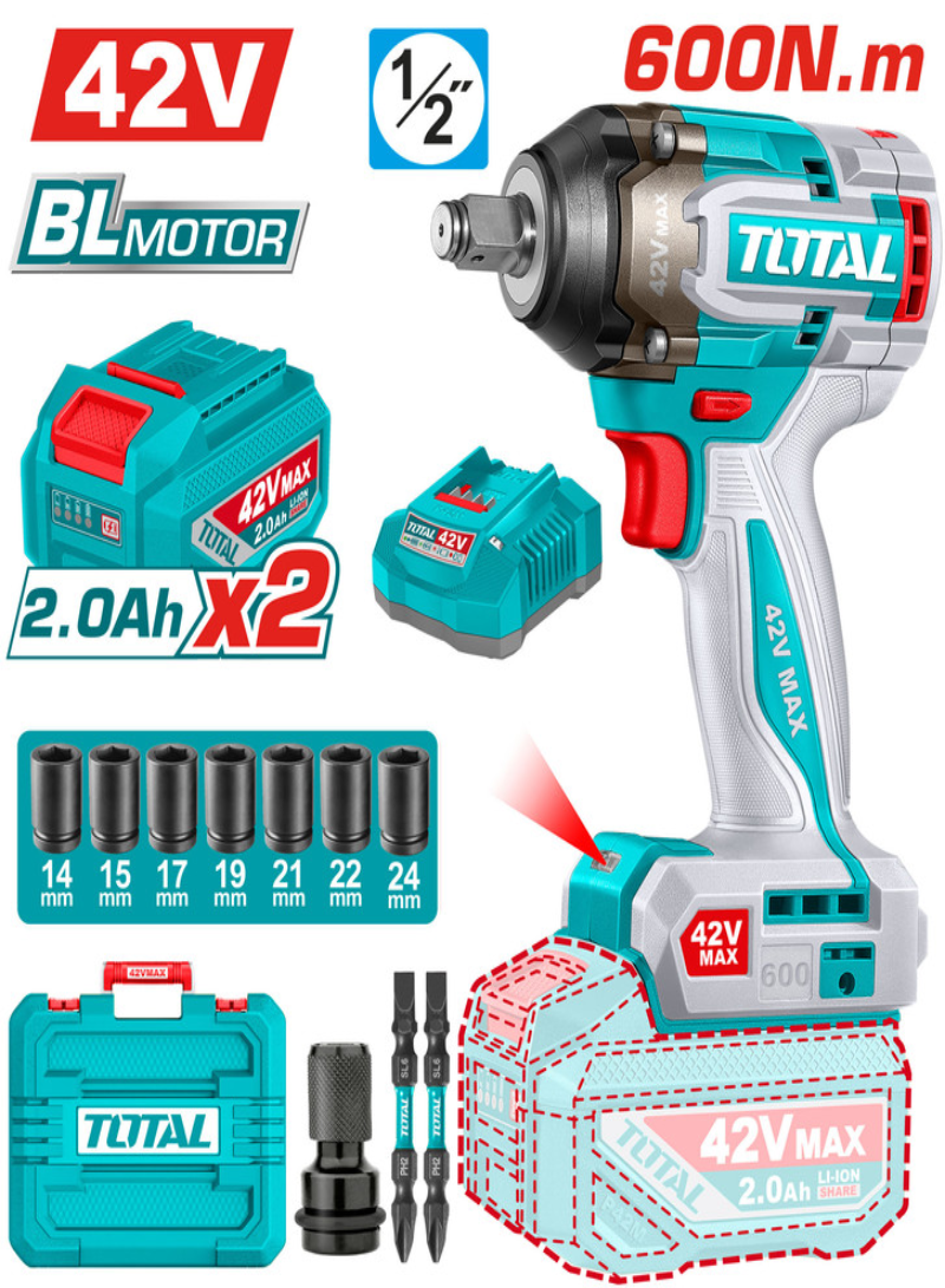 42V Brushless Impact Wrench 600Nm – Cordless 1/2" Socket Wrench with 2 Batteries and Carrying Case