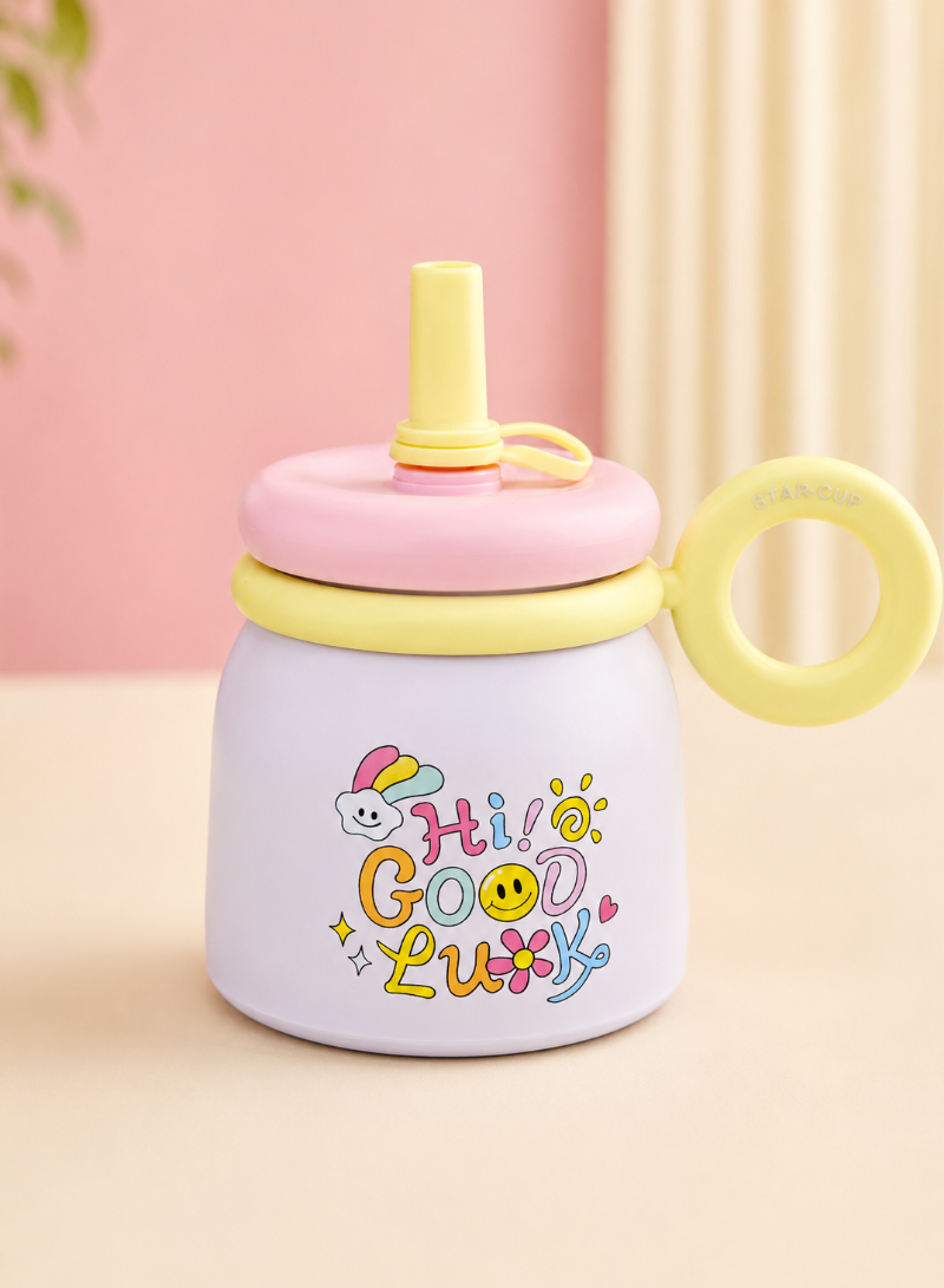 Kids Insulated Water Bottle with Straw & Ring Handle – Stainless Steel Vacuum Tumbler with Cute Smiley Flower Design