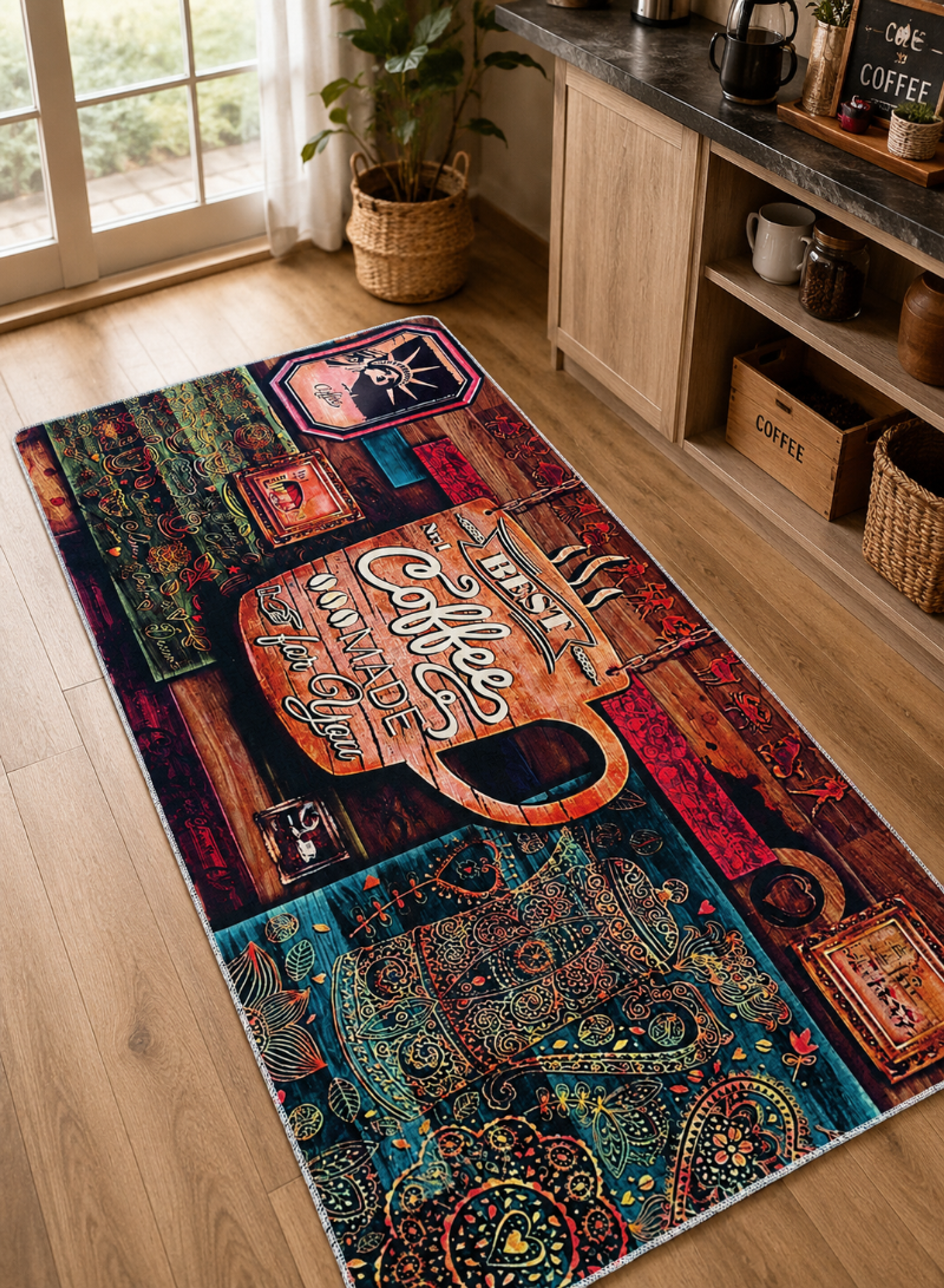 Coffee Theme Kitchen Runner Rug – Decorative Coffee Bar Floor Mat for Kitchen and Home Décor
