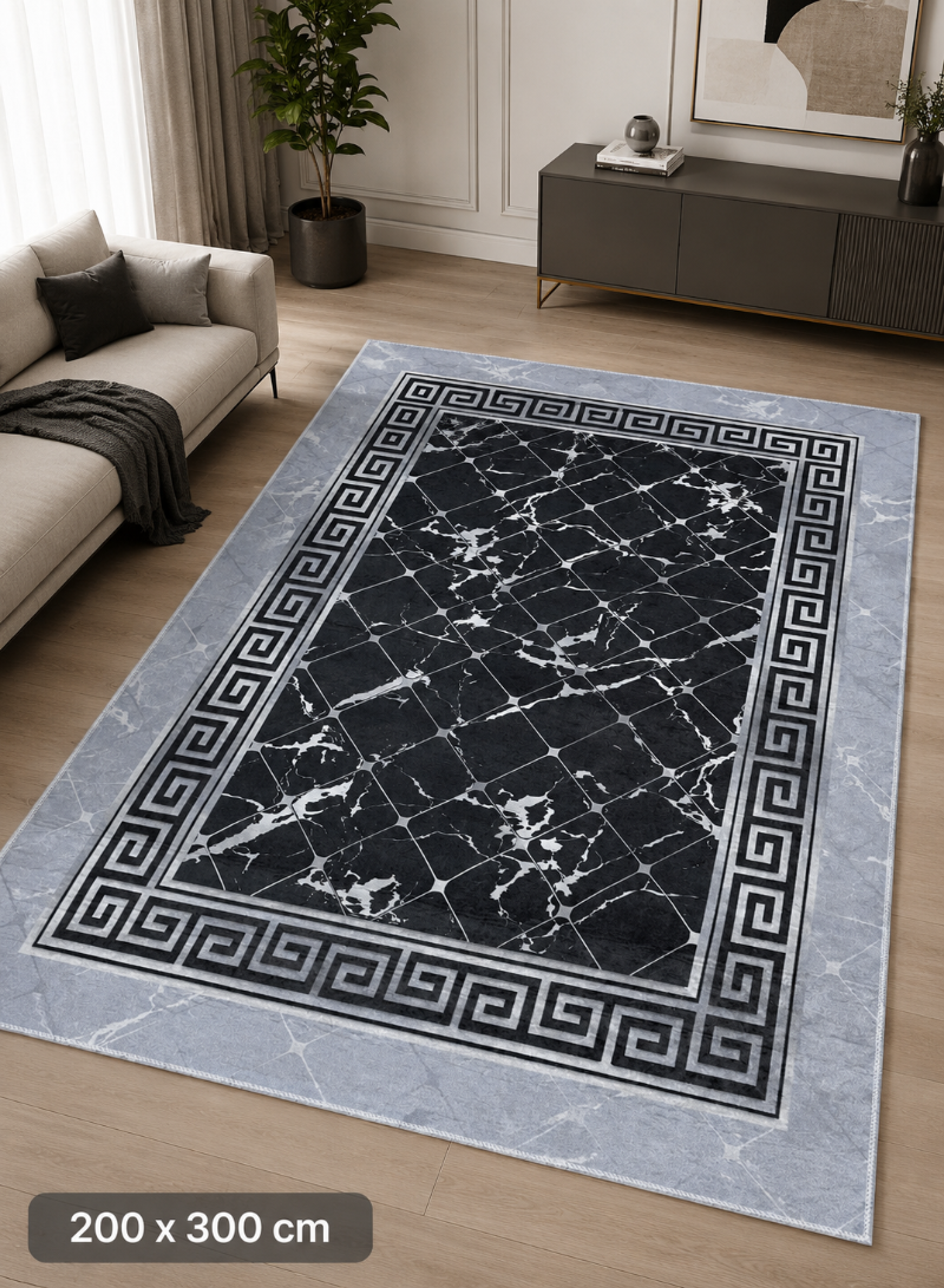 Luxury Black & Grey Marble Area Rug  – Modern Classic Living Room Carpet
