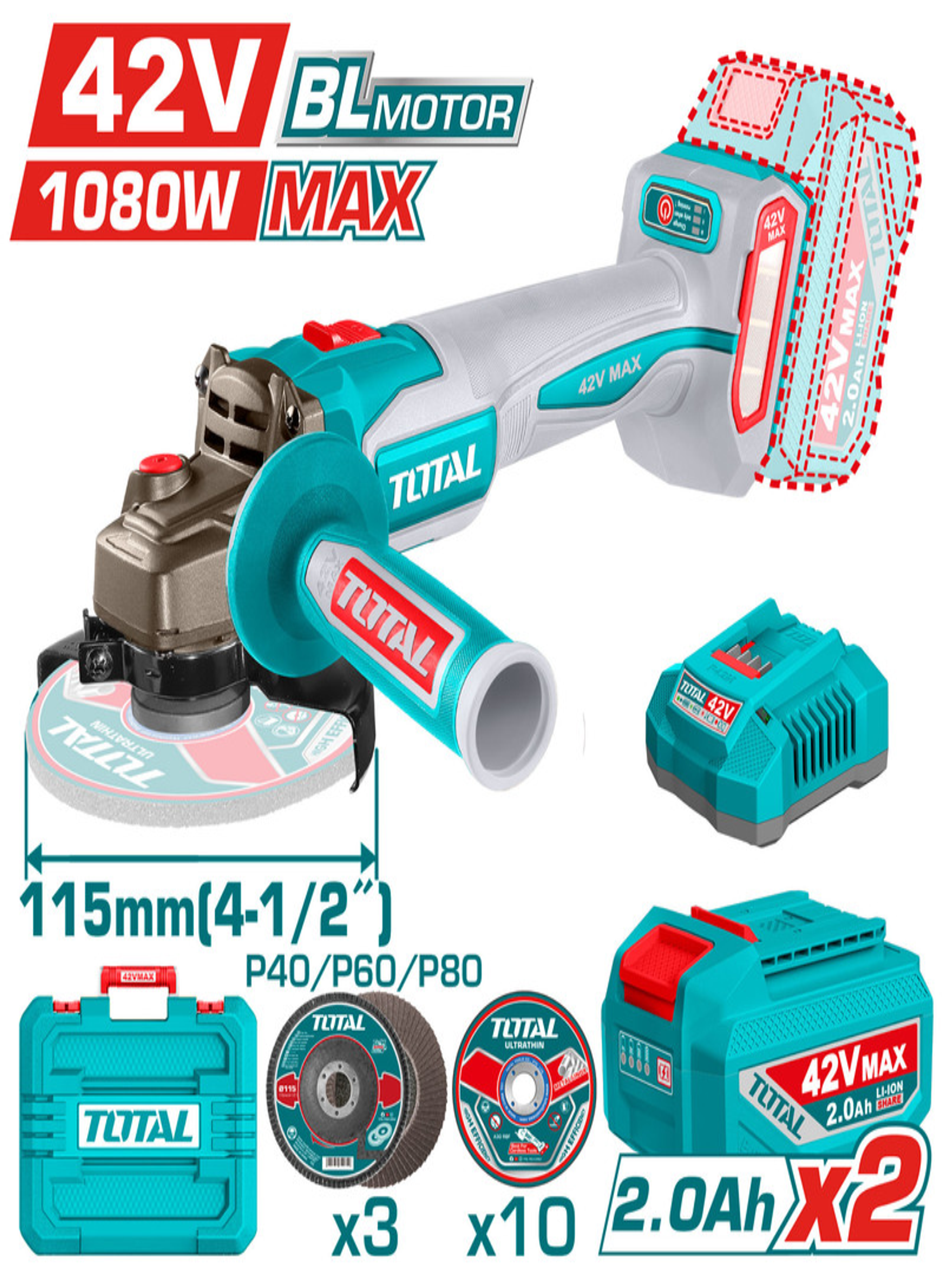 TOTAL 42V Brushless Cordless Angle Grinder with 2 Batteries & Carrying Case – 1080W