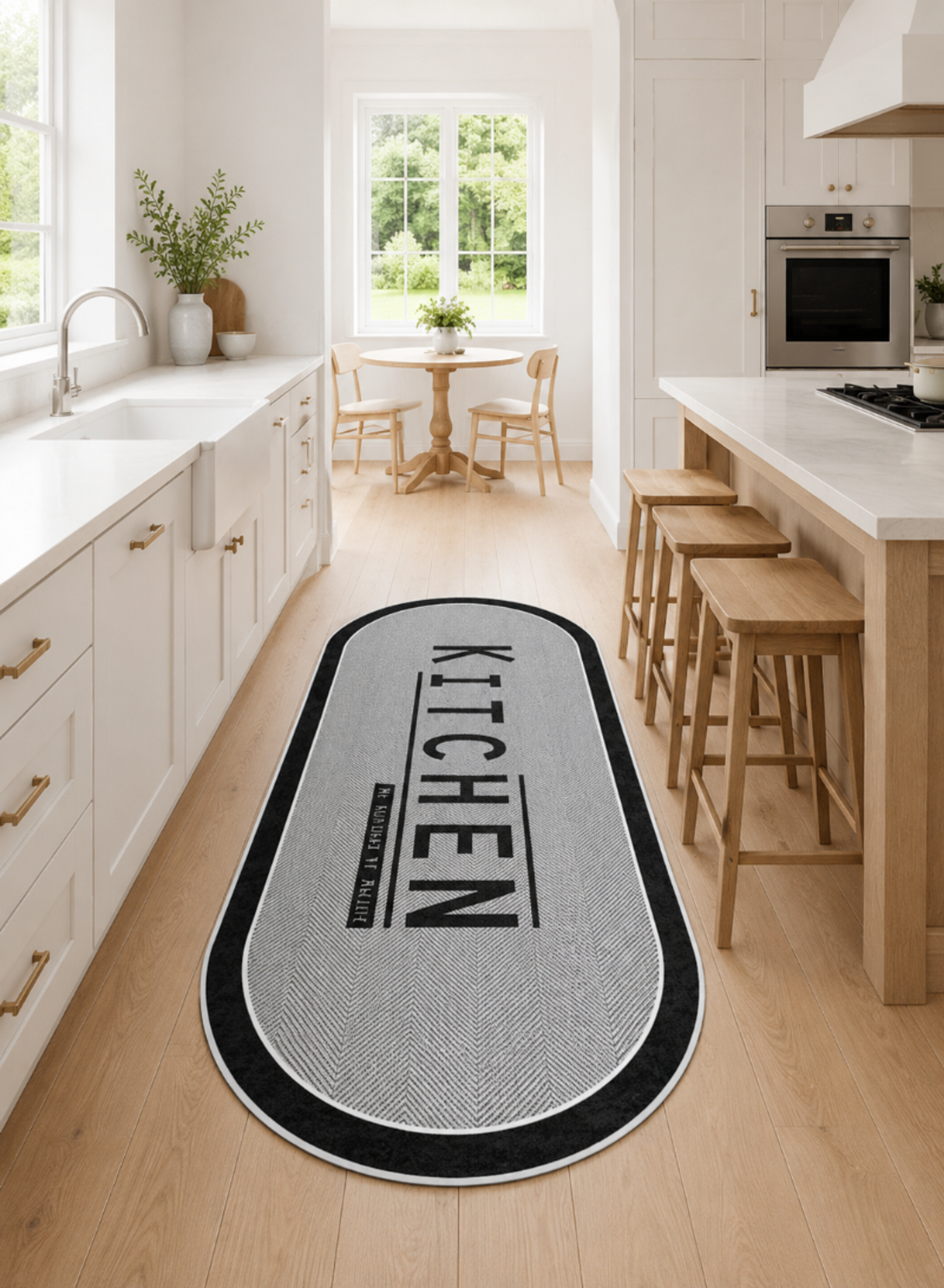 Oval Grey Kitchen Runner Rug – Modern Kitchen Floor Mat with Black Border