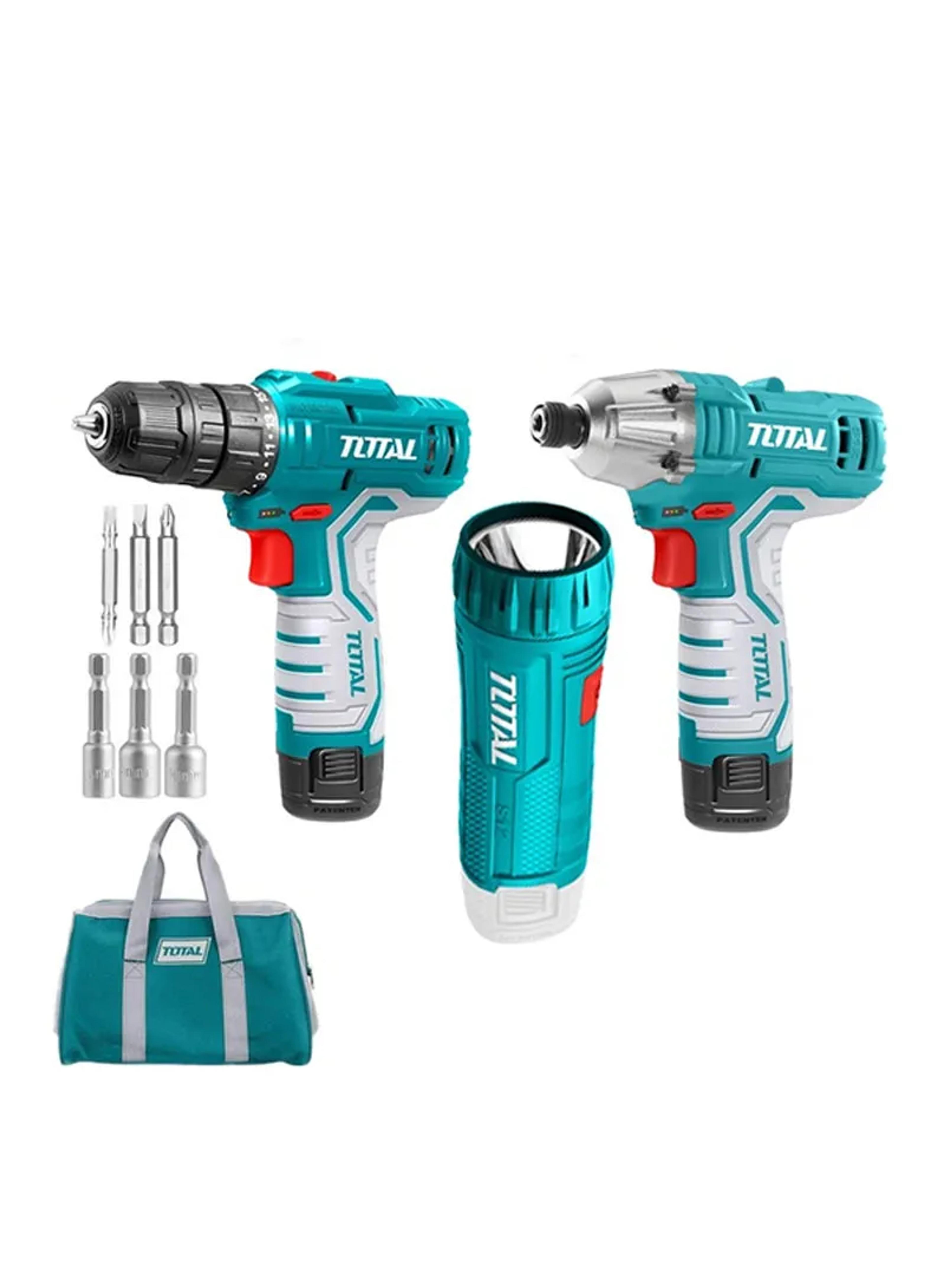 Total 12V Cordless Drill, Impact Driver & Flashlight Combo Kit with 2×1.5Ah Batteries & Charger