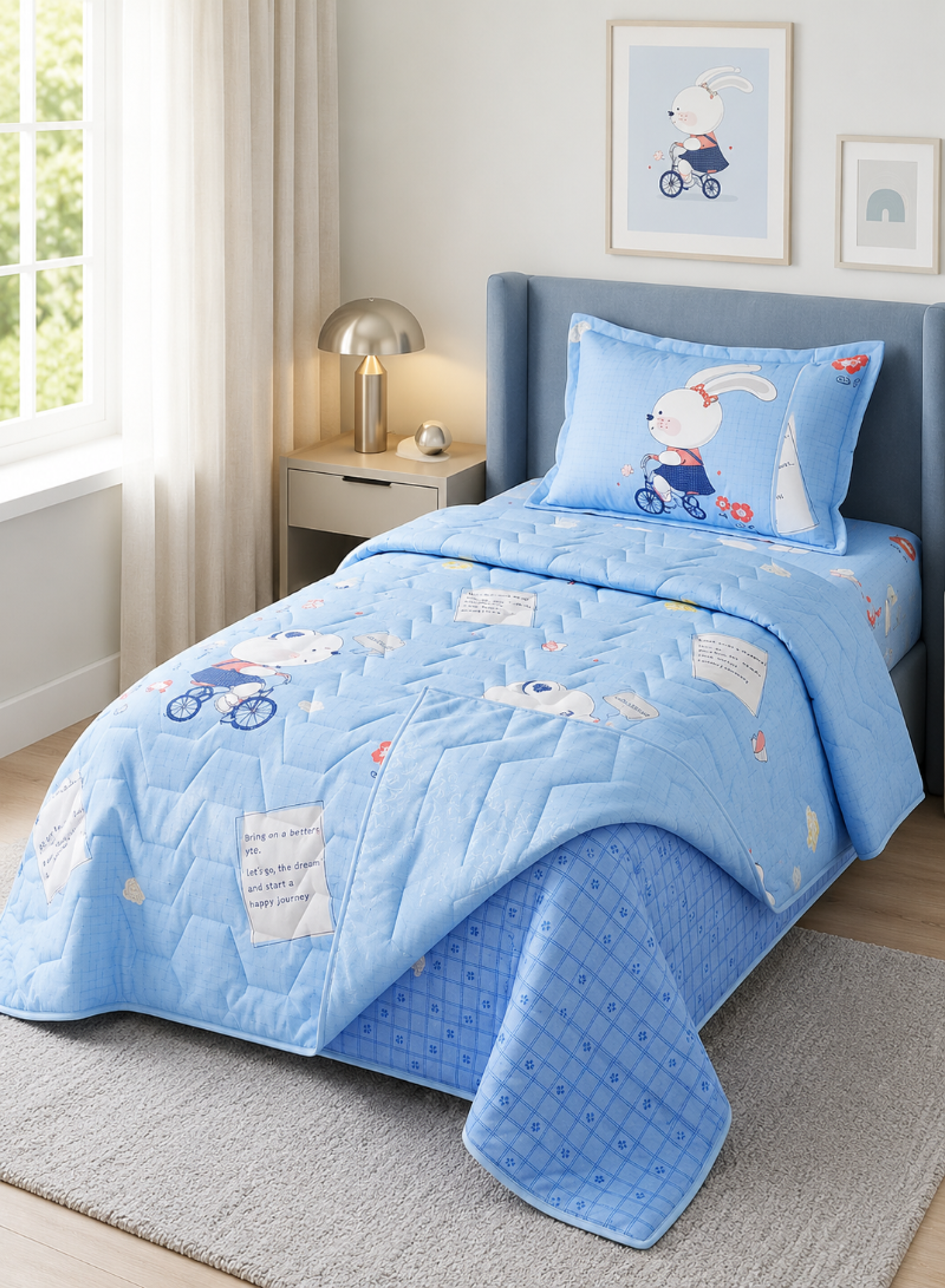 Single Size Blue Cartoon Bunny Bedding Set – 2 Comforters 160 × 220 cm with 2 Pillowcases