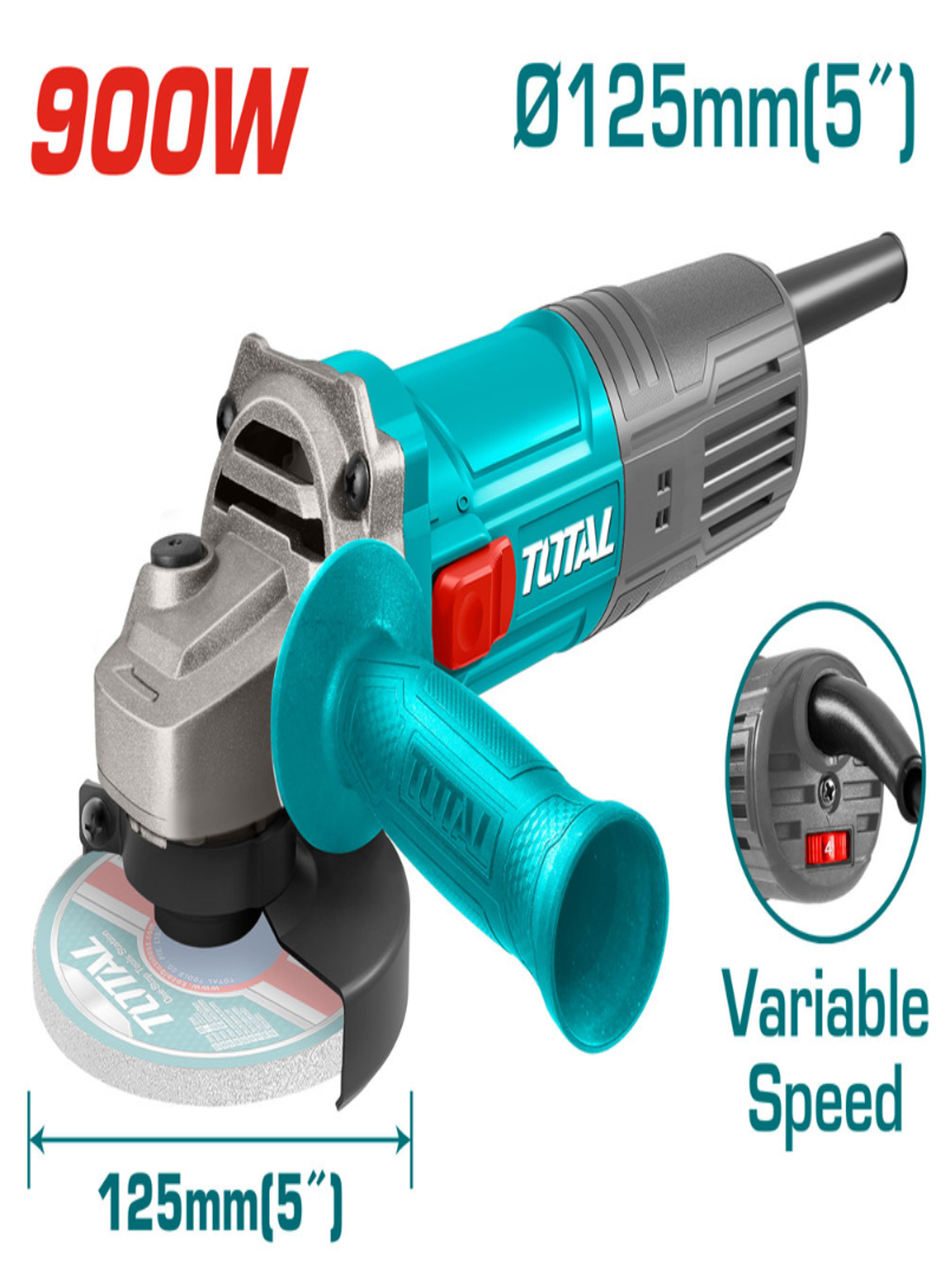 TOTAL 900W 5" Variable Speed Angle Grinder – 125mm Grinding Machine with Auxiliary Handle
