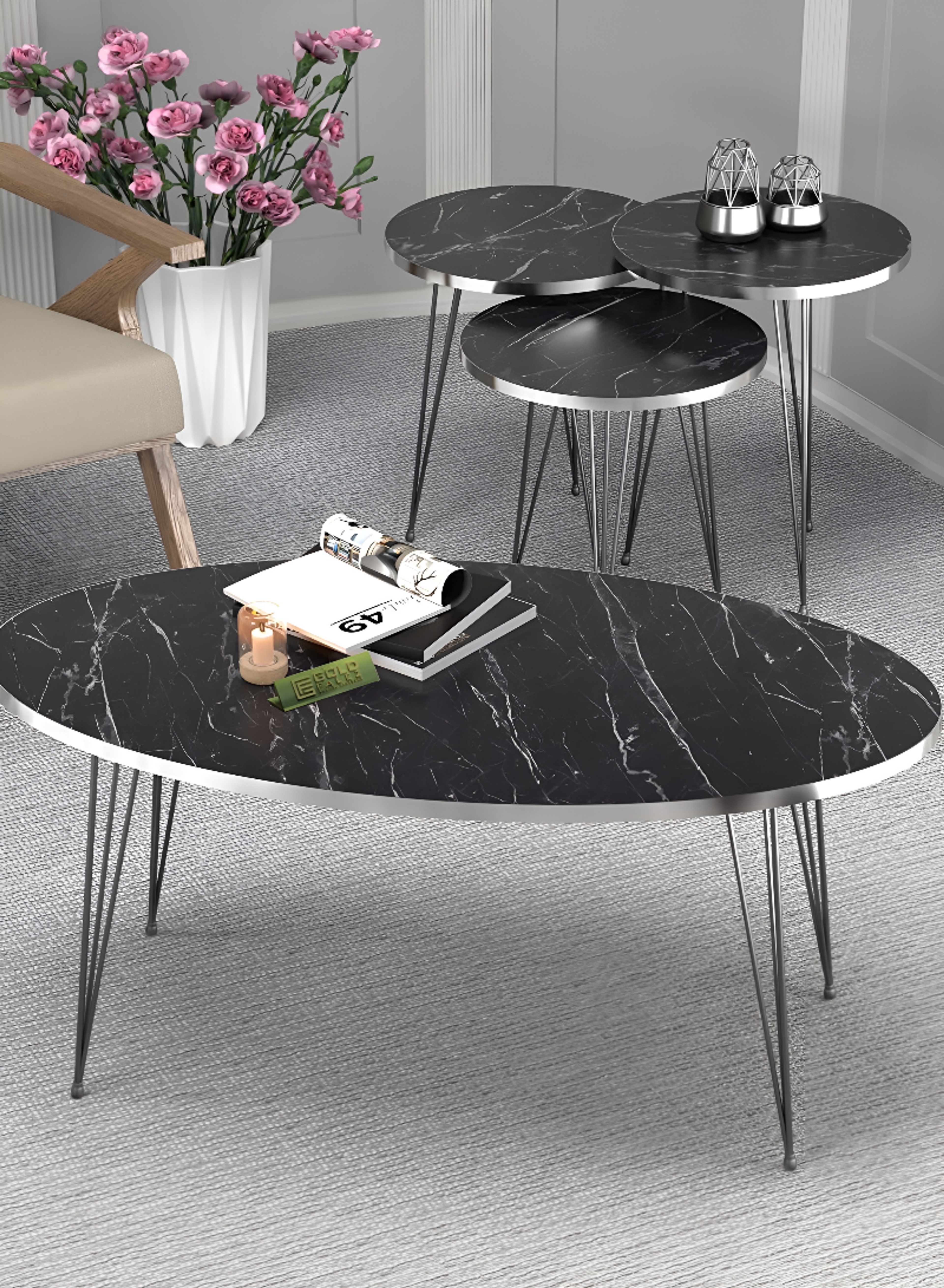 Modern Nesting Coffee Table Set - ( Marble Black - Silver Side)