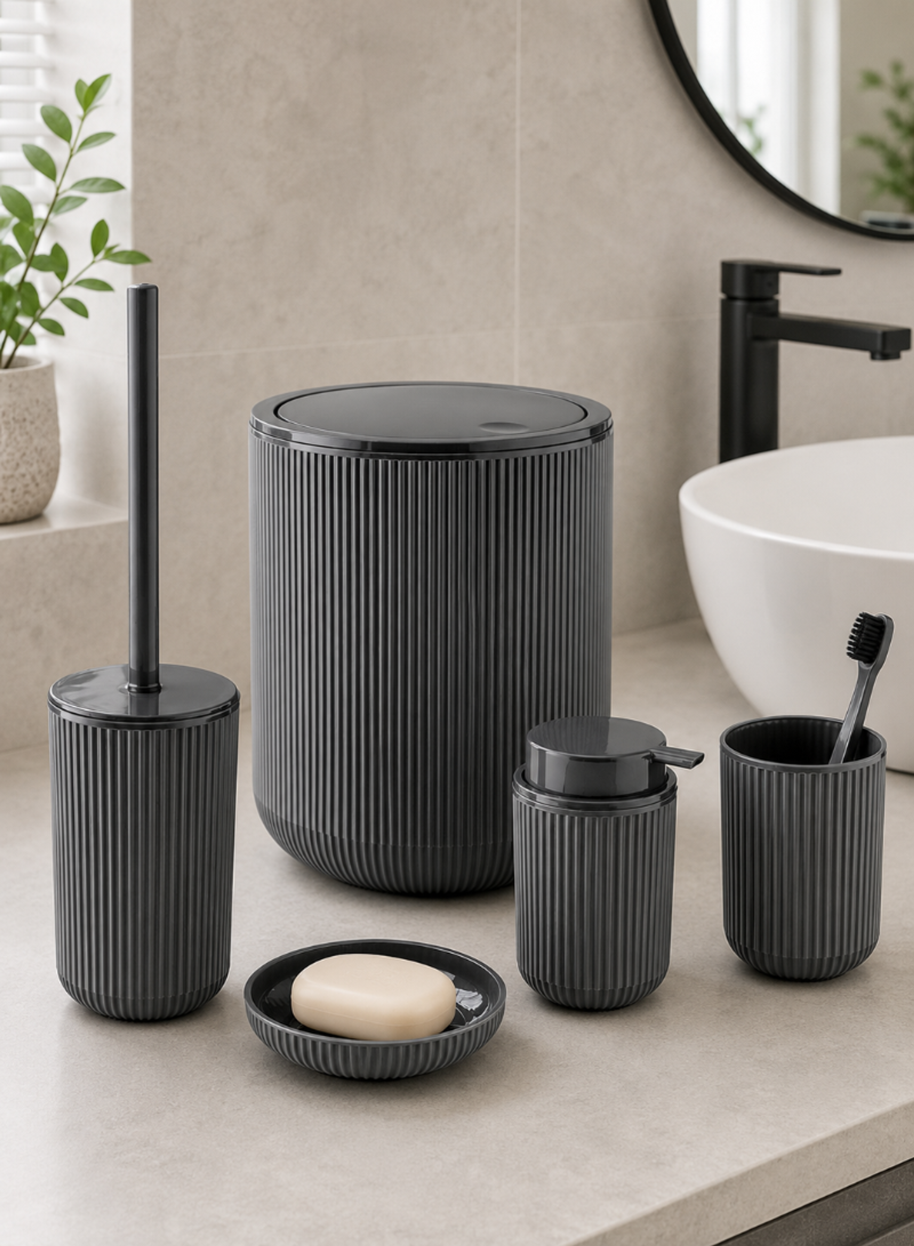 Grey Ribbed Bathroom Accessories Set – Trash Bin, Toilet Brush, Soap Dispenser, Toothbrush Cup & Soap Dish