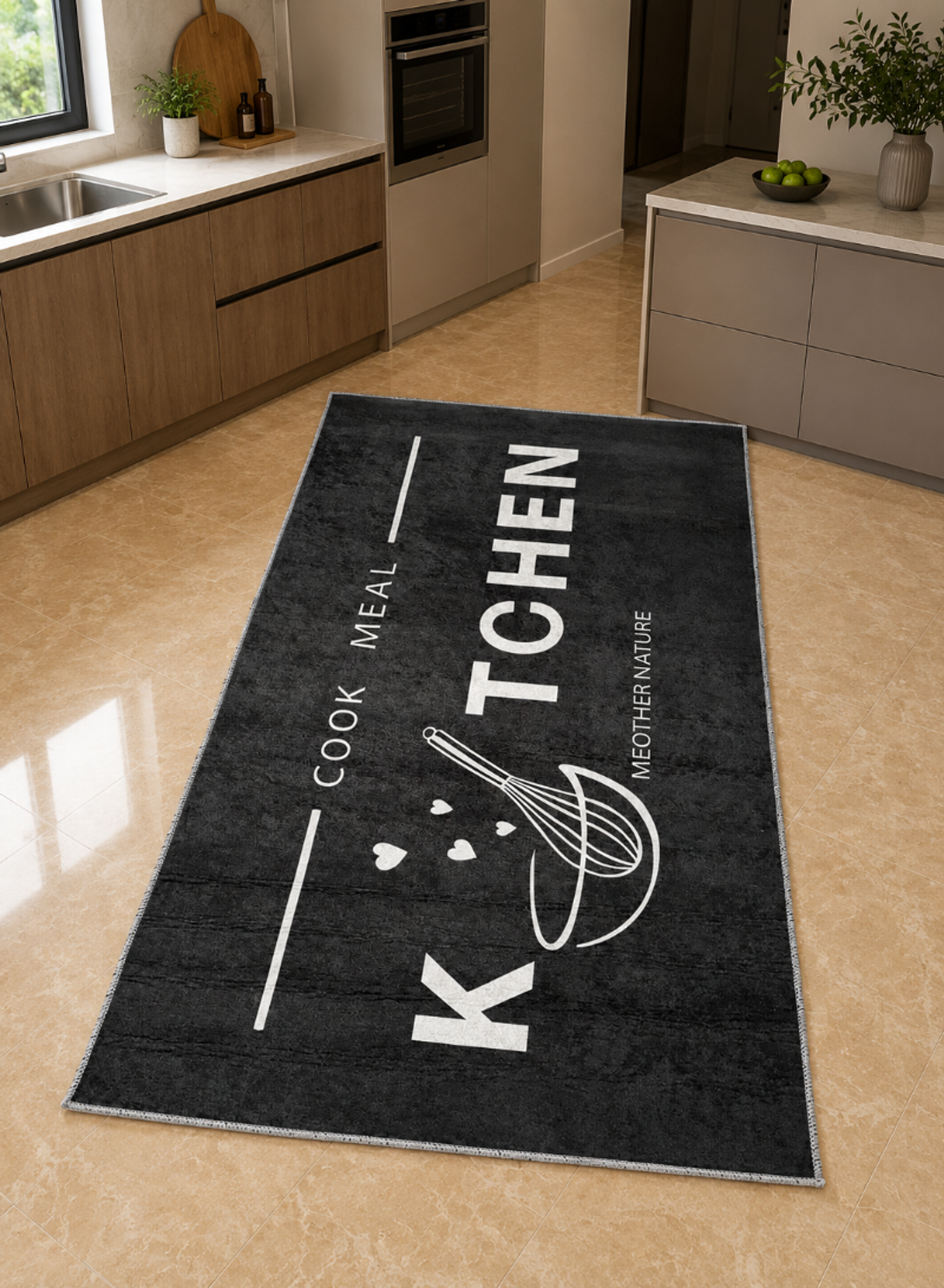 Black Kitchen Runner Rug – Modern Kitchen Floor Mat with Whisk Design
