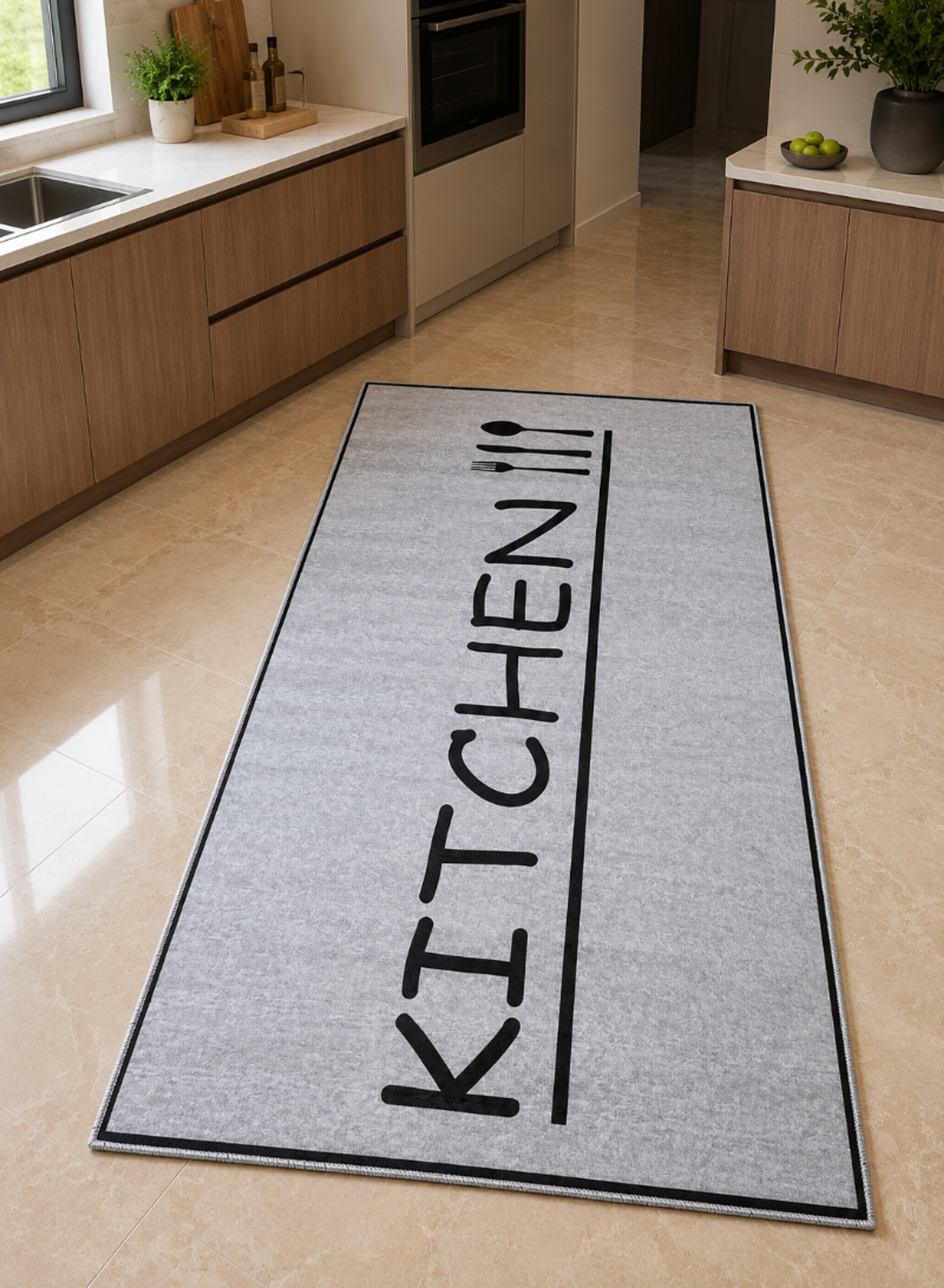 Grey Kitchen Runner Rug – Modern Kitchen Floor Mat with Utensil Design