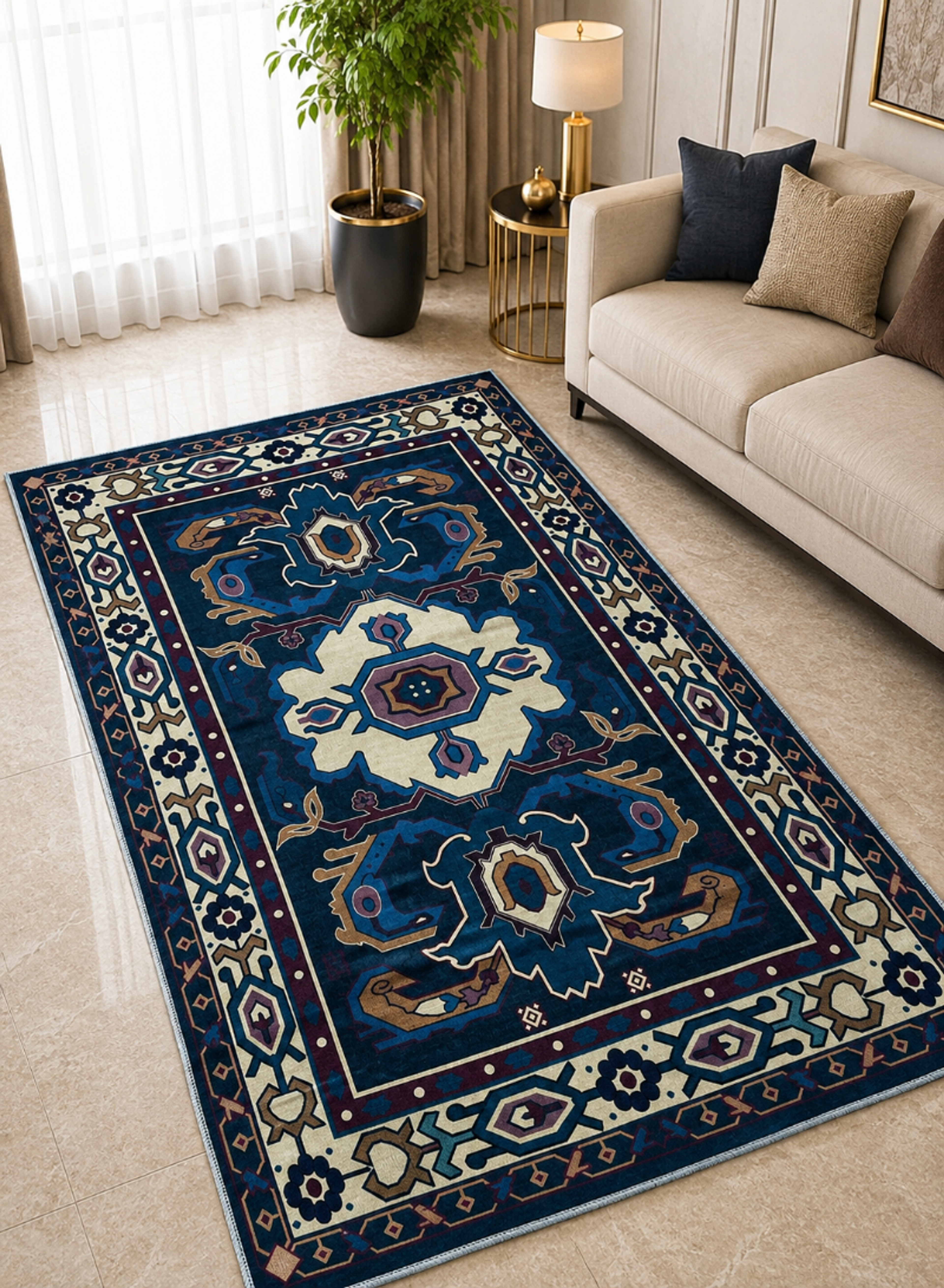 Luxury Oriental Area Rug – Classic Blue Living Room Carpet with Decorative Border