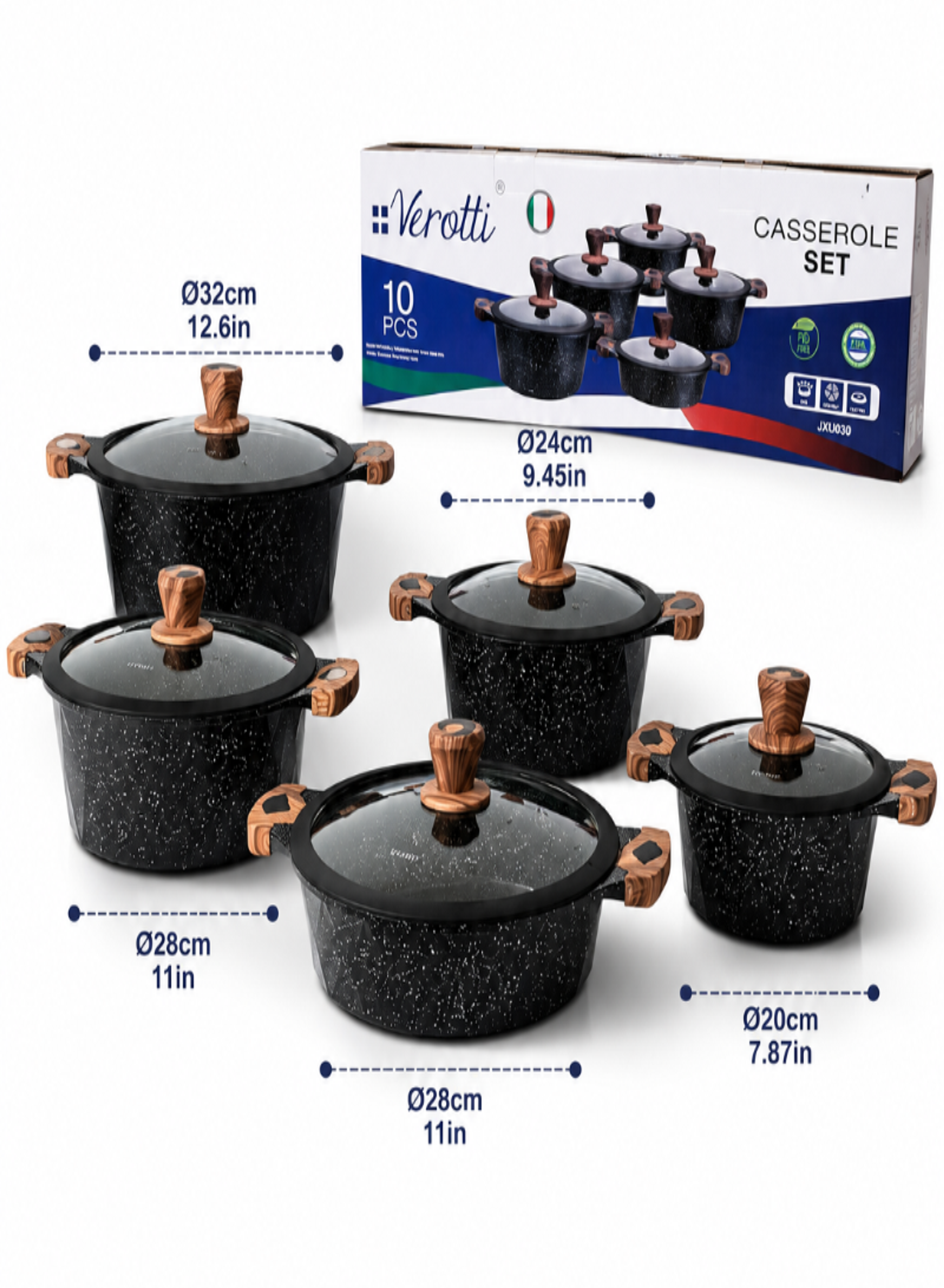 Verotti 10-Piece Ribbed Granite Cookware Set with Wood-Style Handles – FDA Approved & BPA Free