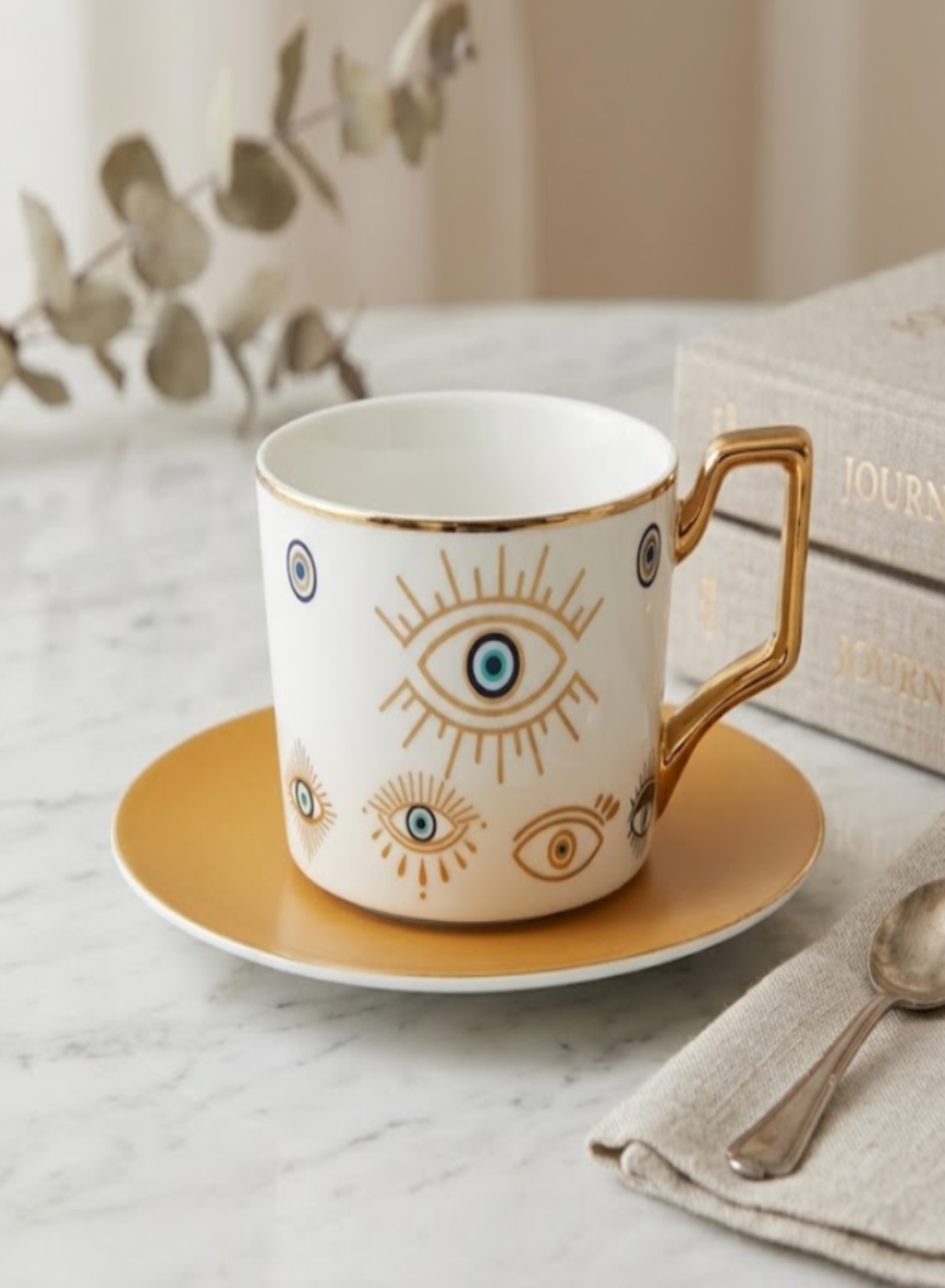 Luxury Evil Eye Ceramic Coffee Cup & Saucer Set – Gold Handle Tea & Coffee Mug