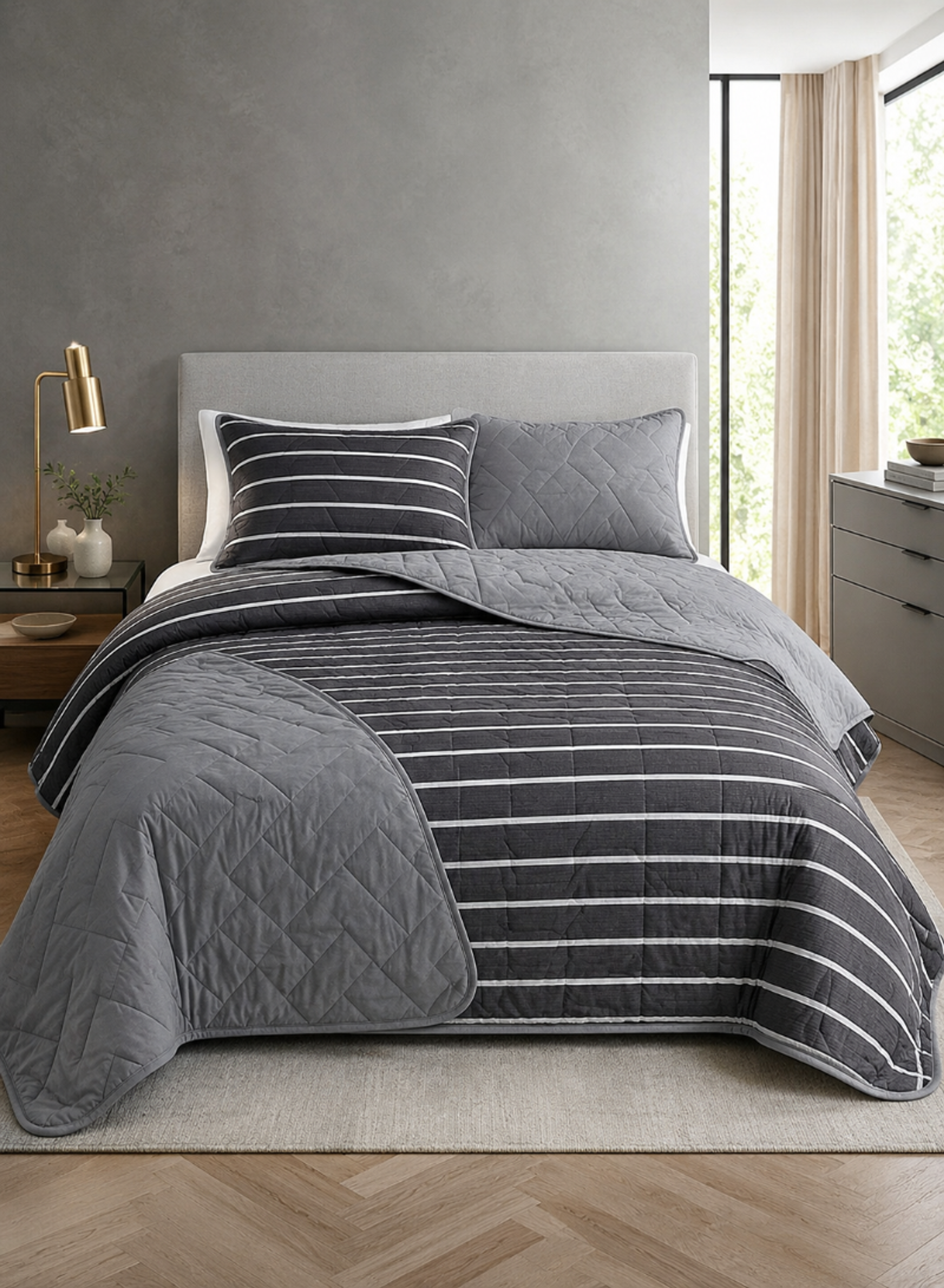 Grey Striped Bedding Set – Modern Comforter Set with Matching Pillowcases