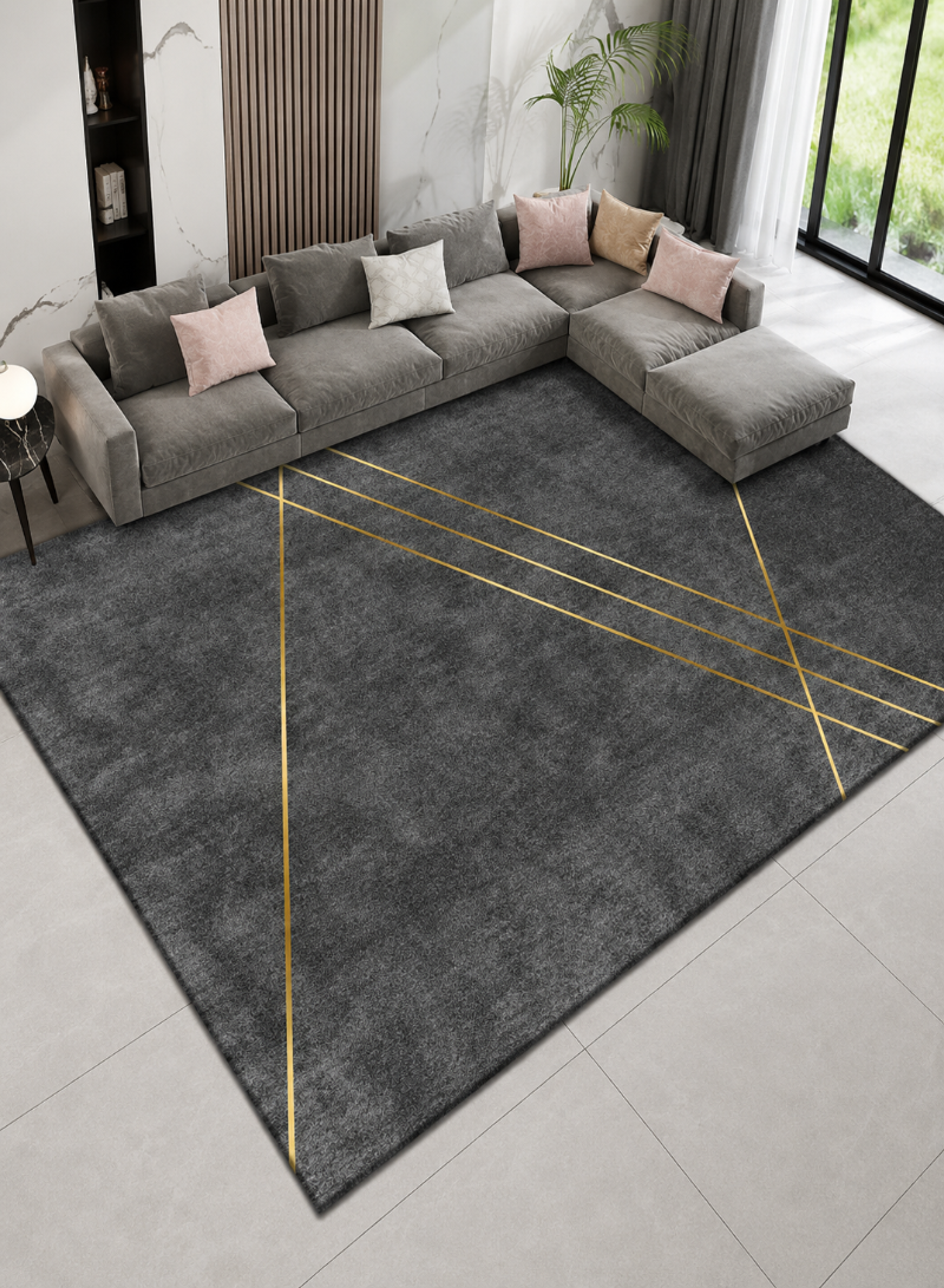Modern Grey Geometric Area Rug 200 × 300 cm – Luxury Living Room Carpet with Gold Line Design