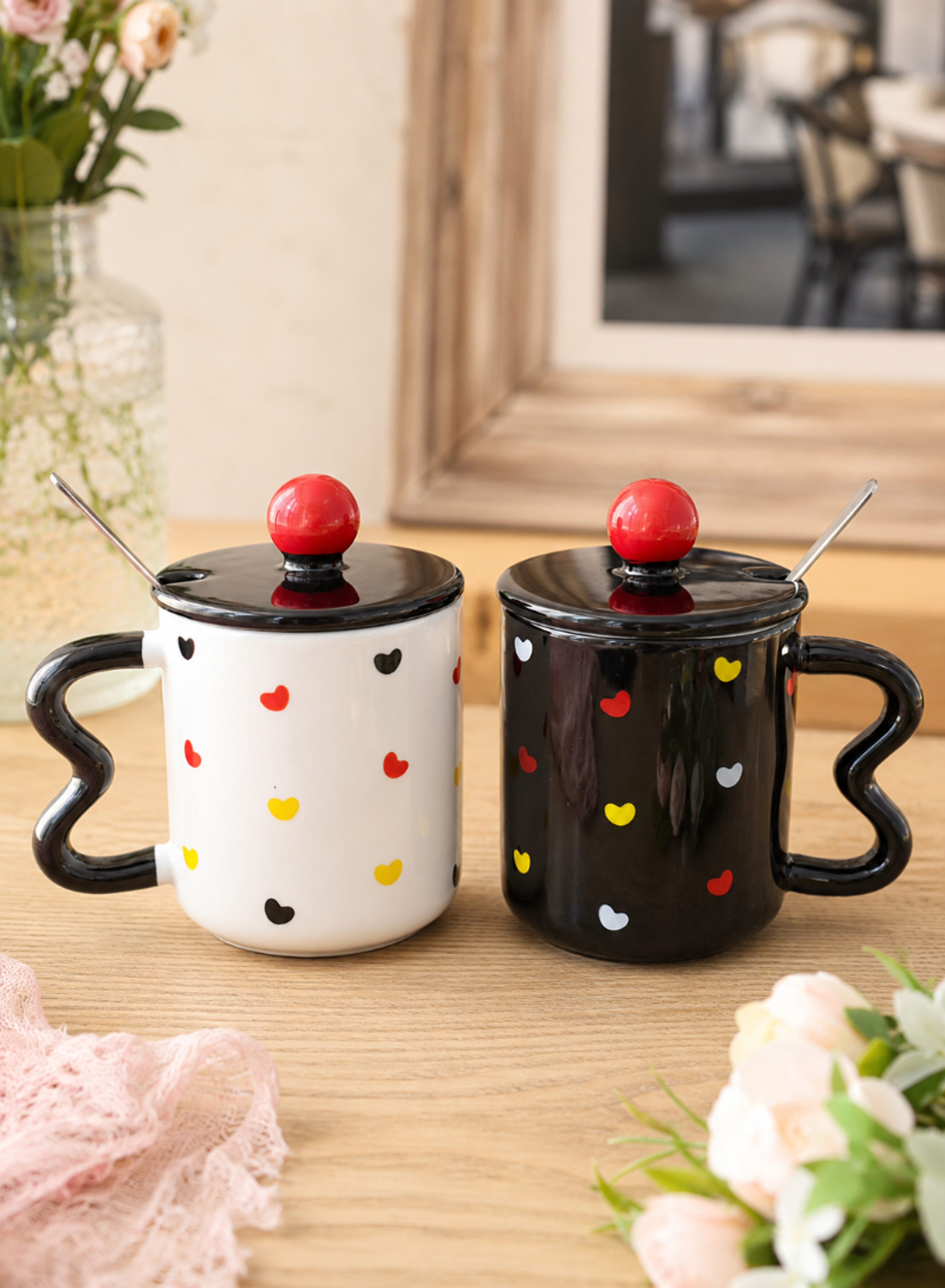 Heart Pattern Ceramic Mug with Lid & Spoon – Cute Coffee and Tea Cup with Butterfly Handle