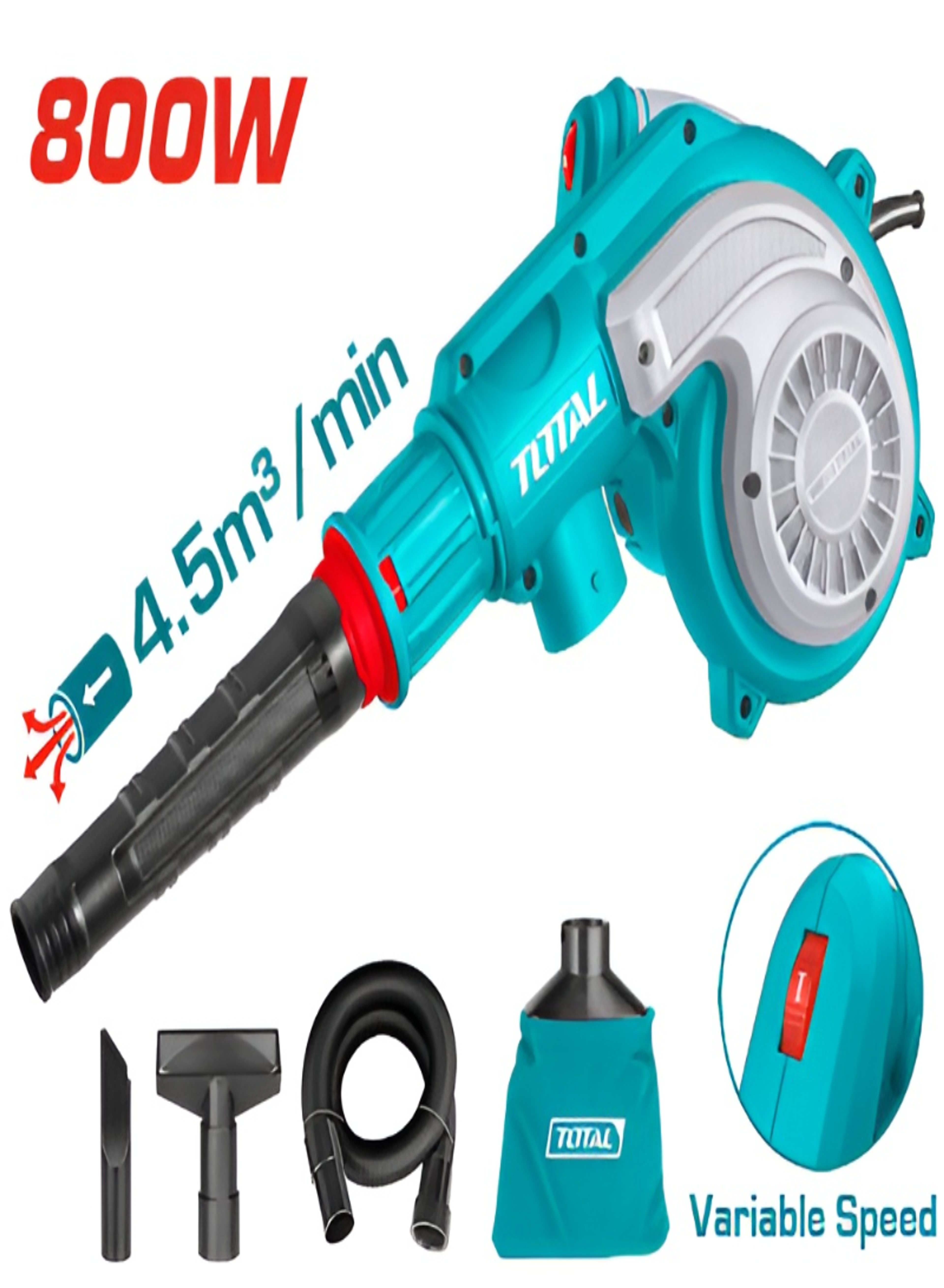 TOTAL 800W Industrial Blower – Variable Speed Electric Air Blower with Accessories