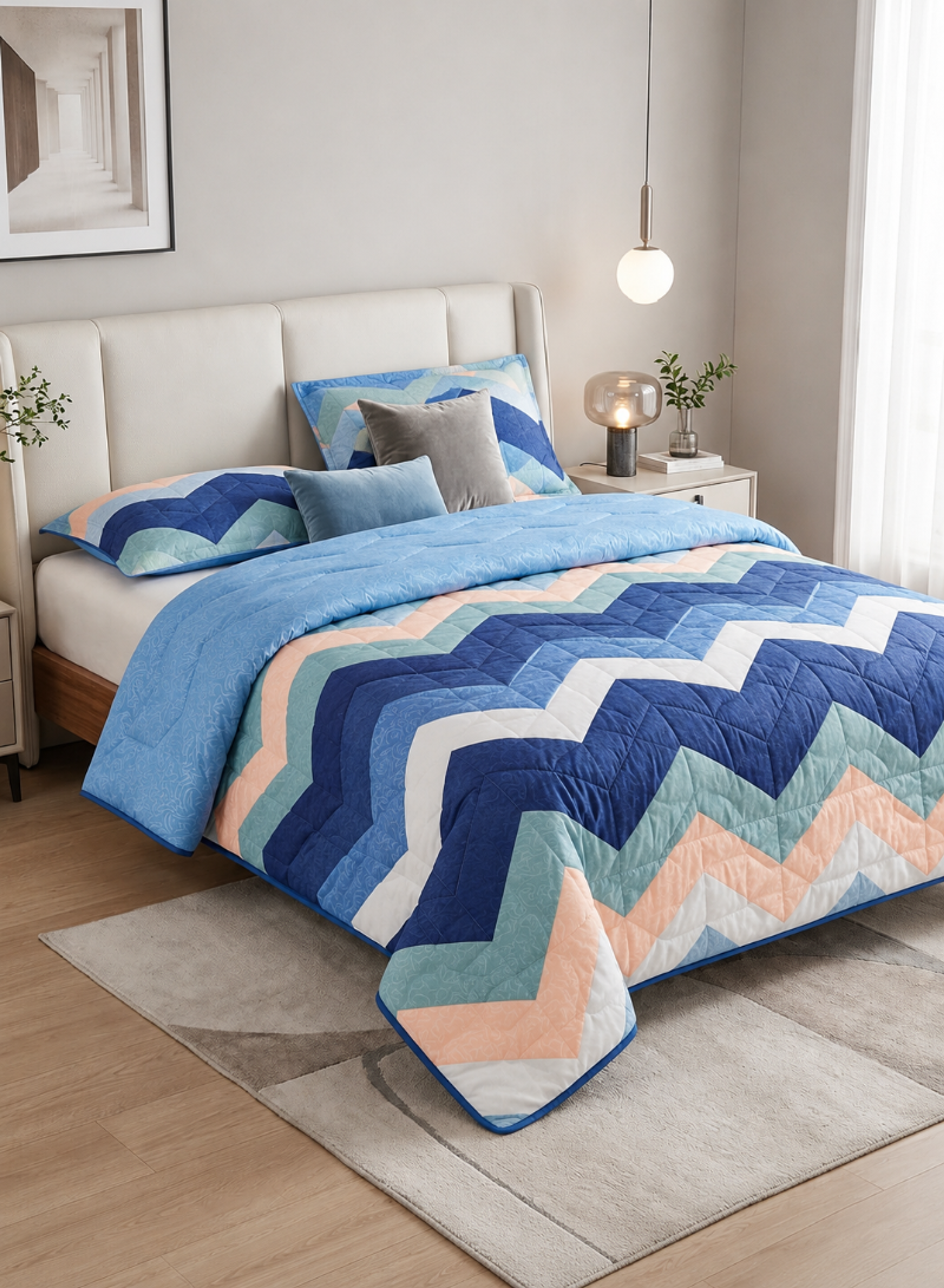Blue Chevron Bedding Set – Modern Comforter Set with Matching Pillowcases