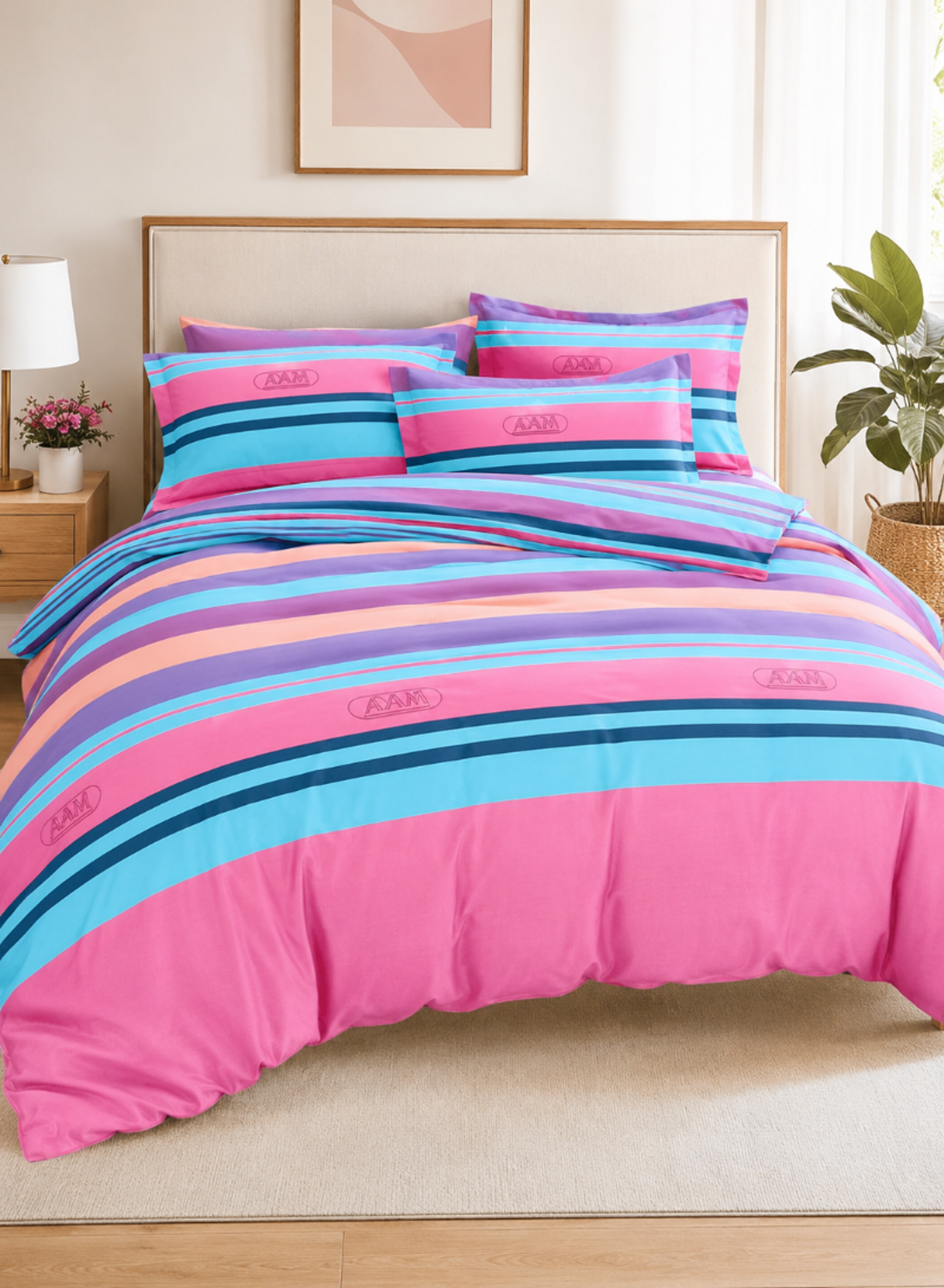 Pink & Blue Striped Bedding Set – Modern Comforter Set with Matching Pillowcases
