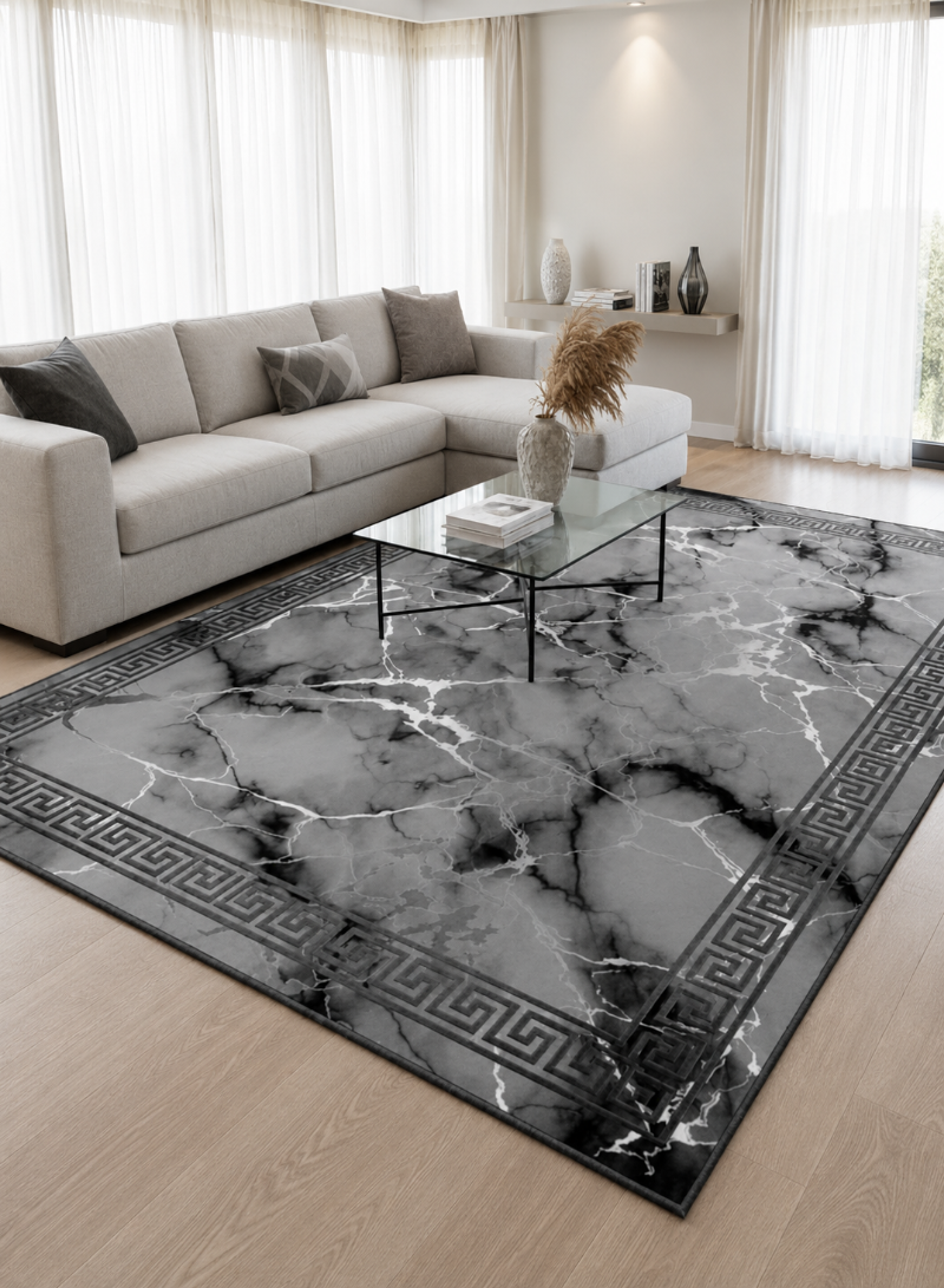 Grey Marble Design Area Rug – Luxury Living Room Carpet with Classic Border