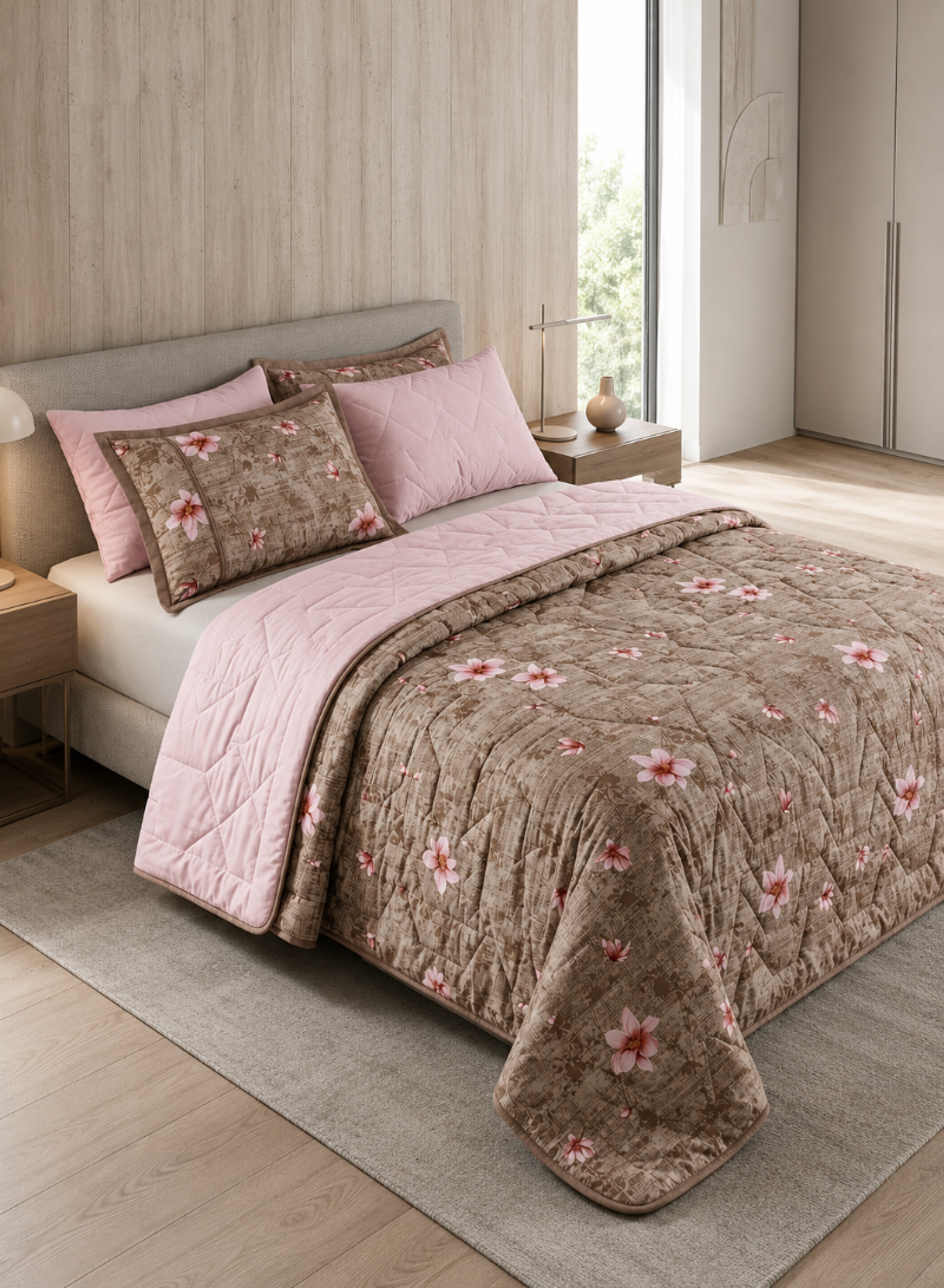Brown & Pink Floral Bedding Set – Quilted Comforter Set with Matching Pillowcases