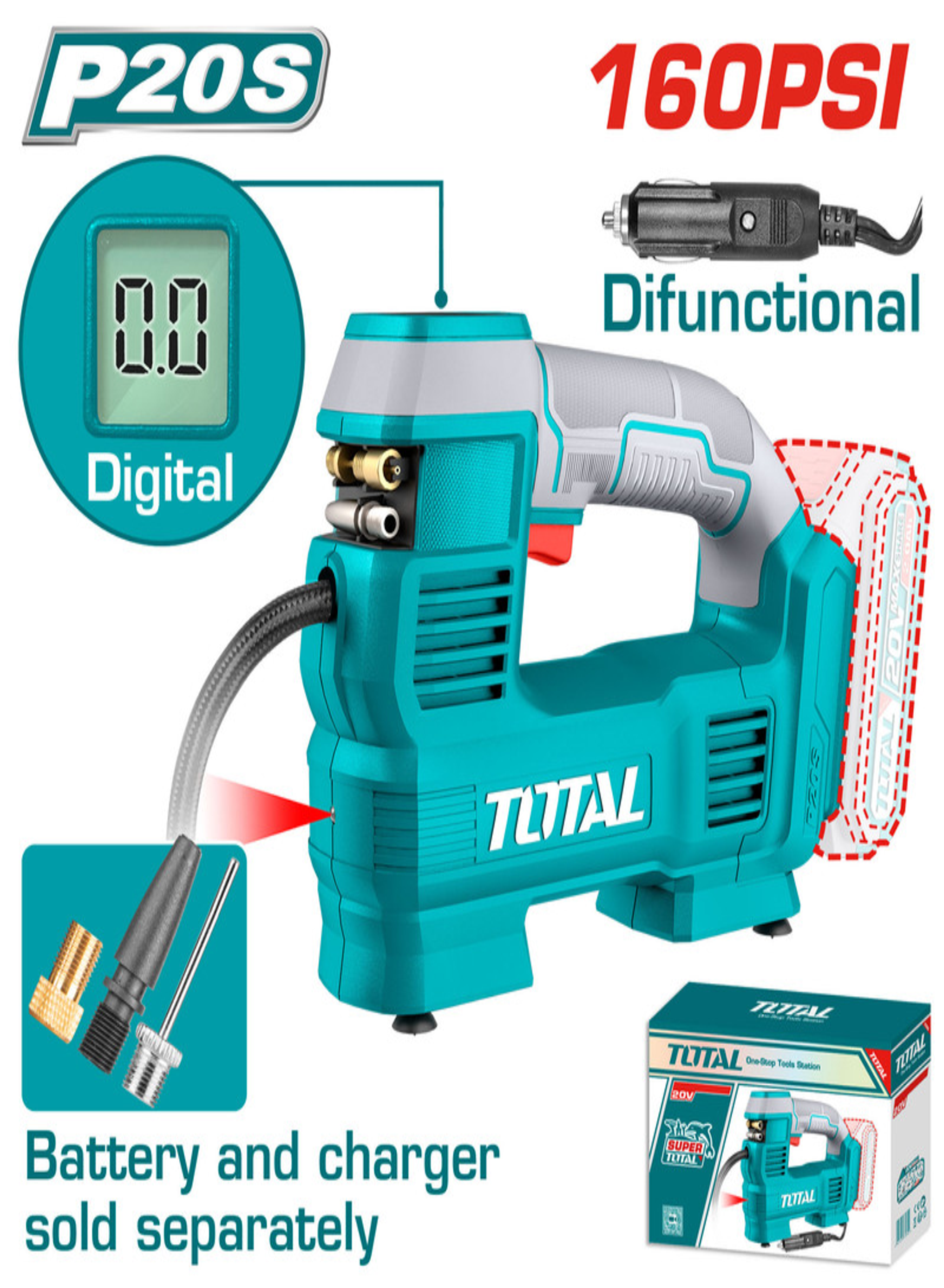Total 20V Digital Cordless Tire Inflator 160 PSI