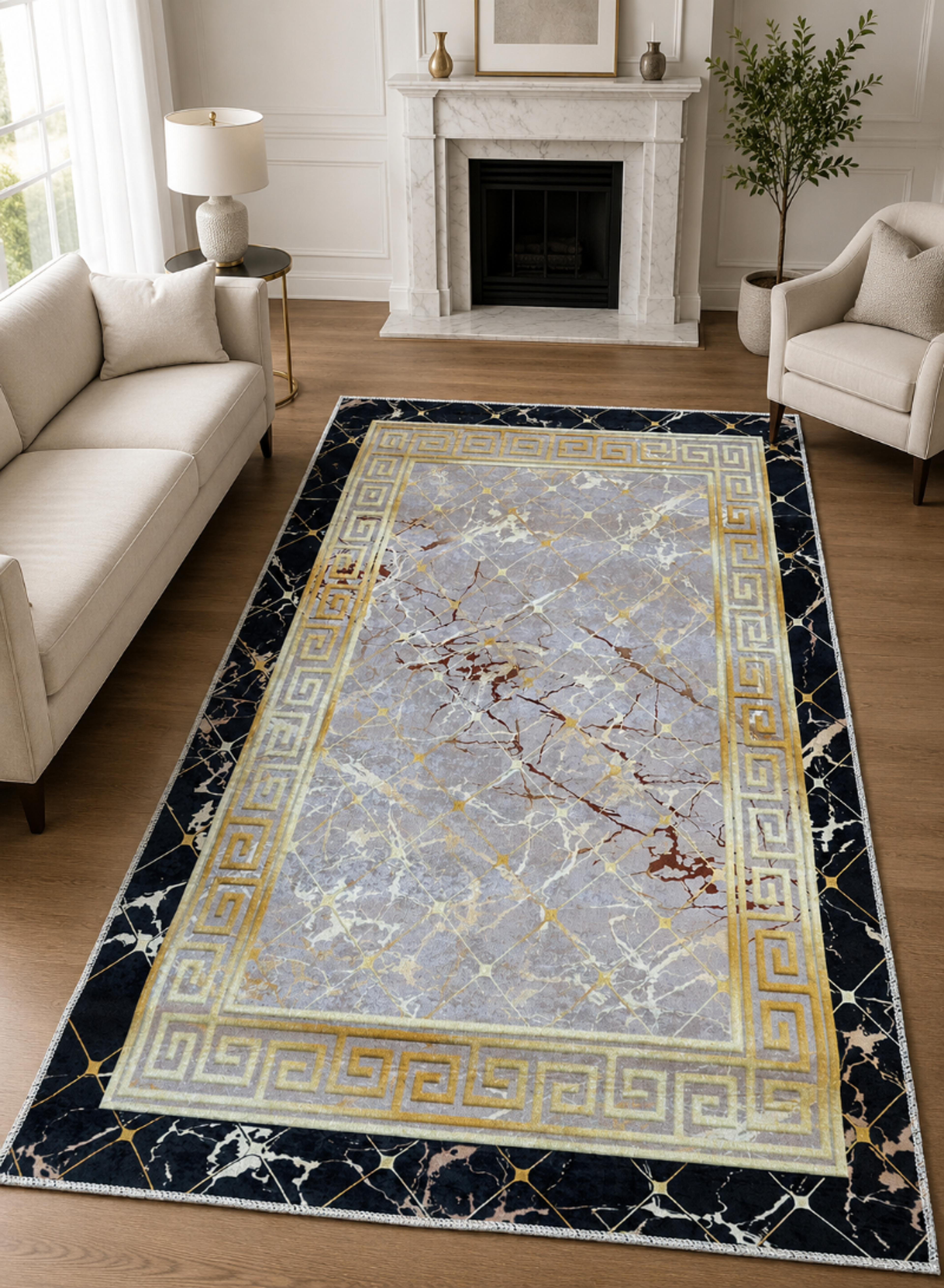 Luxury Marble Area Rug – Modern Classic Living Room Carpet with Black Border and Gold Details