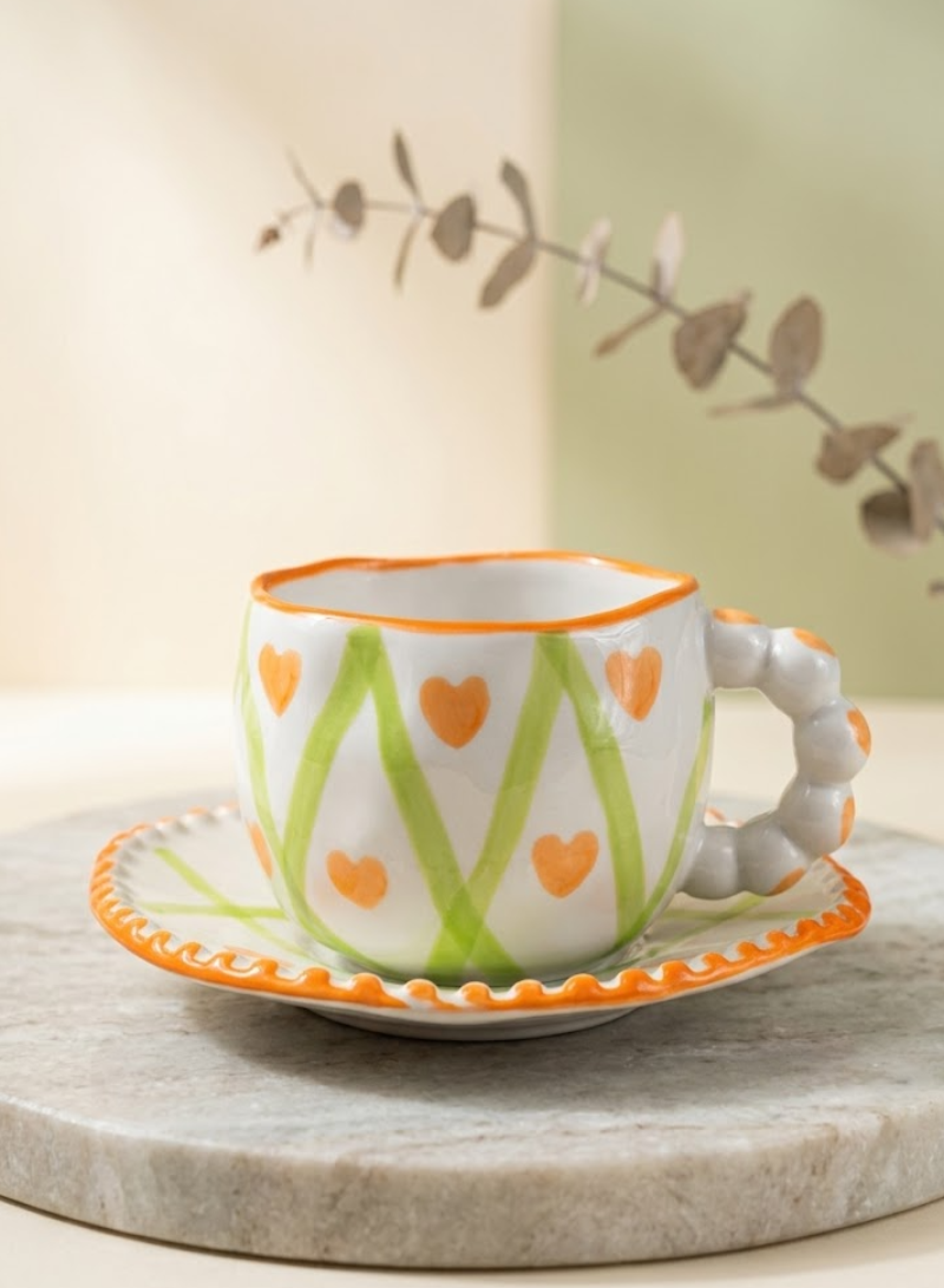 Heart Pattern Ceramic Coffee Cup & Saucer Set – Decorative Tea & Coffee Mug with Artistic Handle