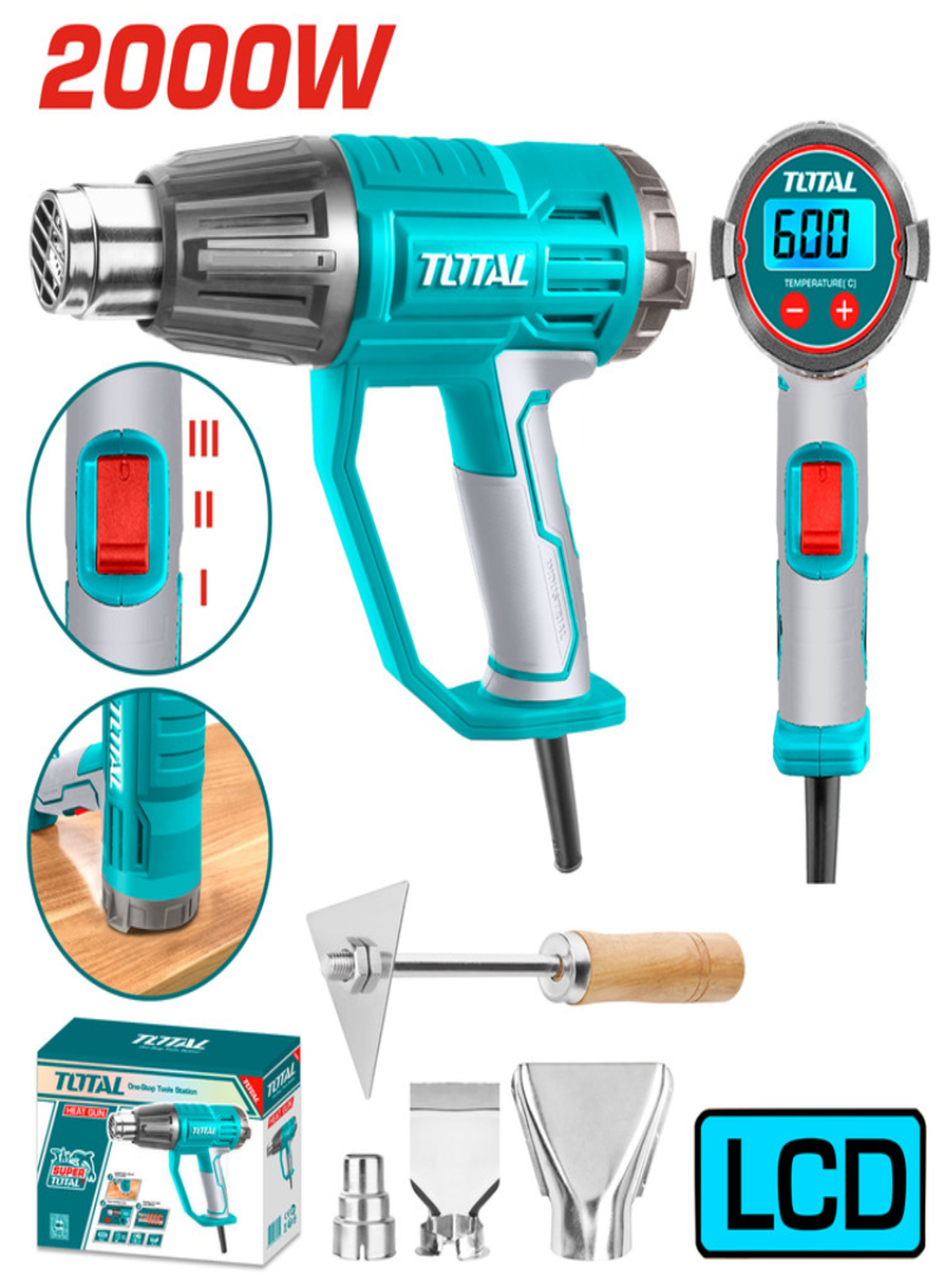 TOTAL 2000W Digital Industrial Heat Gun – LCD Adjustable Temperature Hot Air Gun with Nozzles