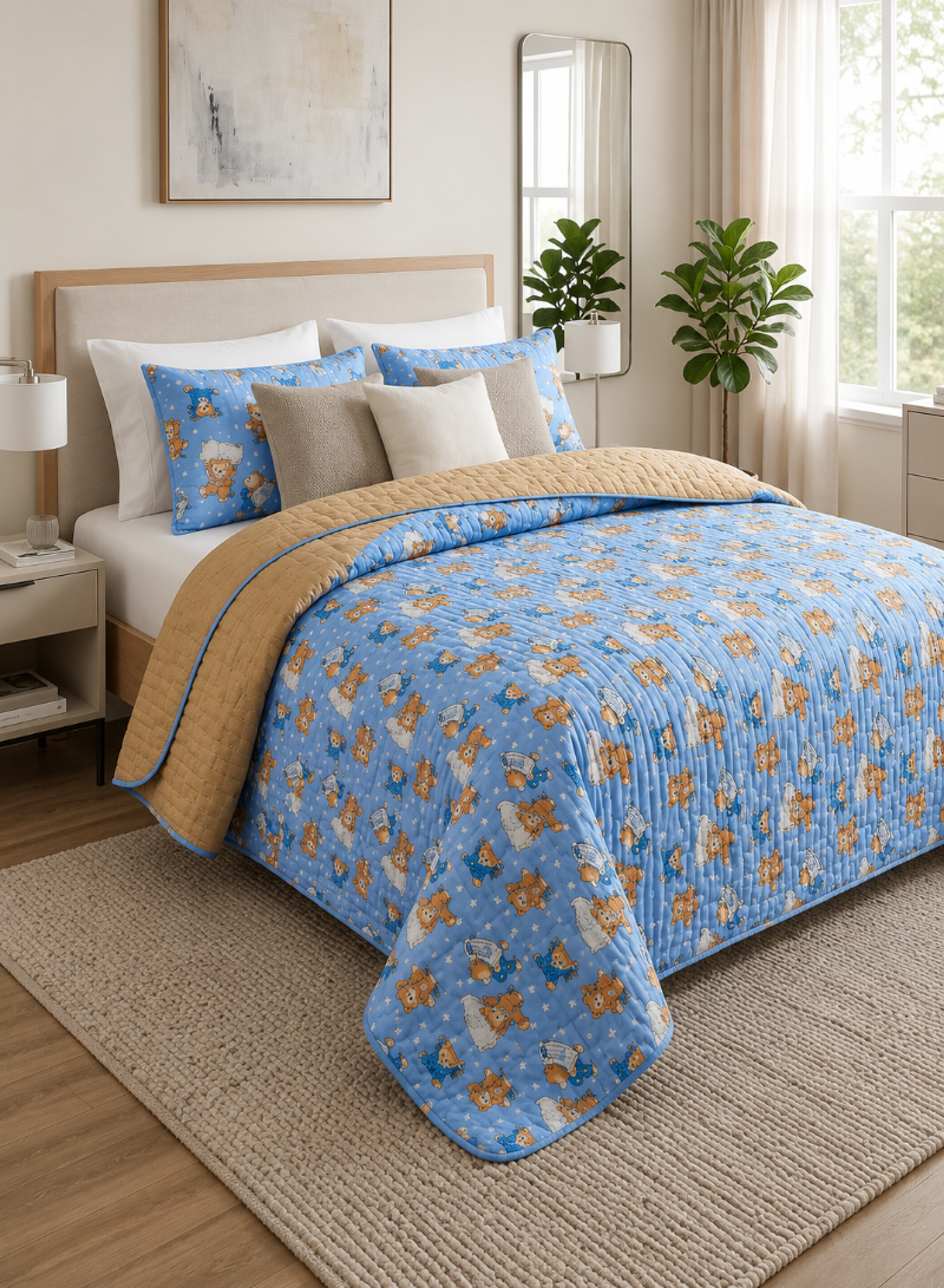 Single Size Blue Cartoon Bear Bedding Set – 2 Comforters 160 × 220 cm with 2 Pillowcases