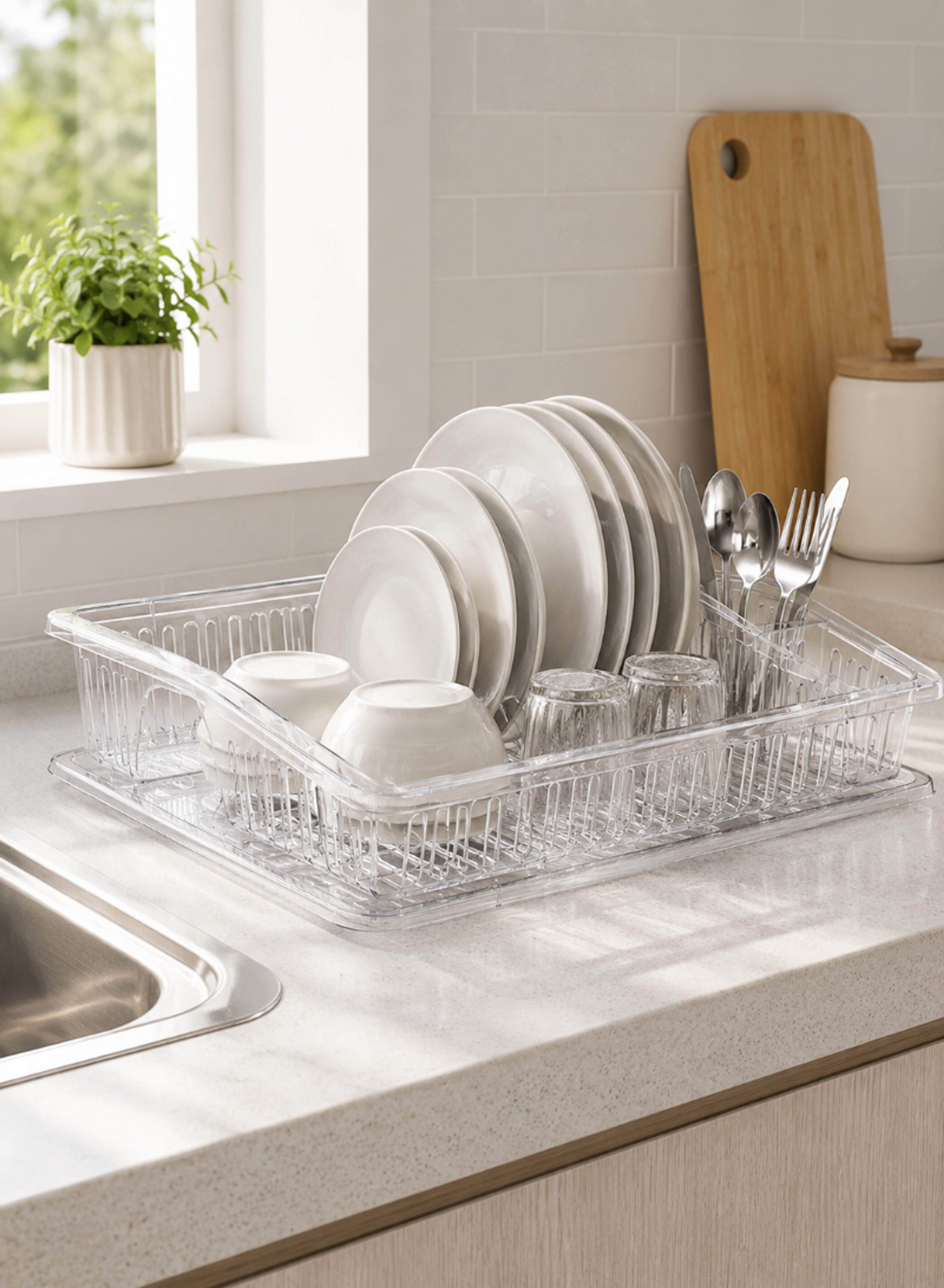 Transparent Step Dish Drainer Large – Clear Kitchen Dish Drying Rack 462 × 370 × 95 mm
