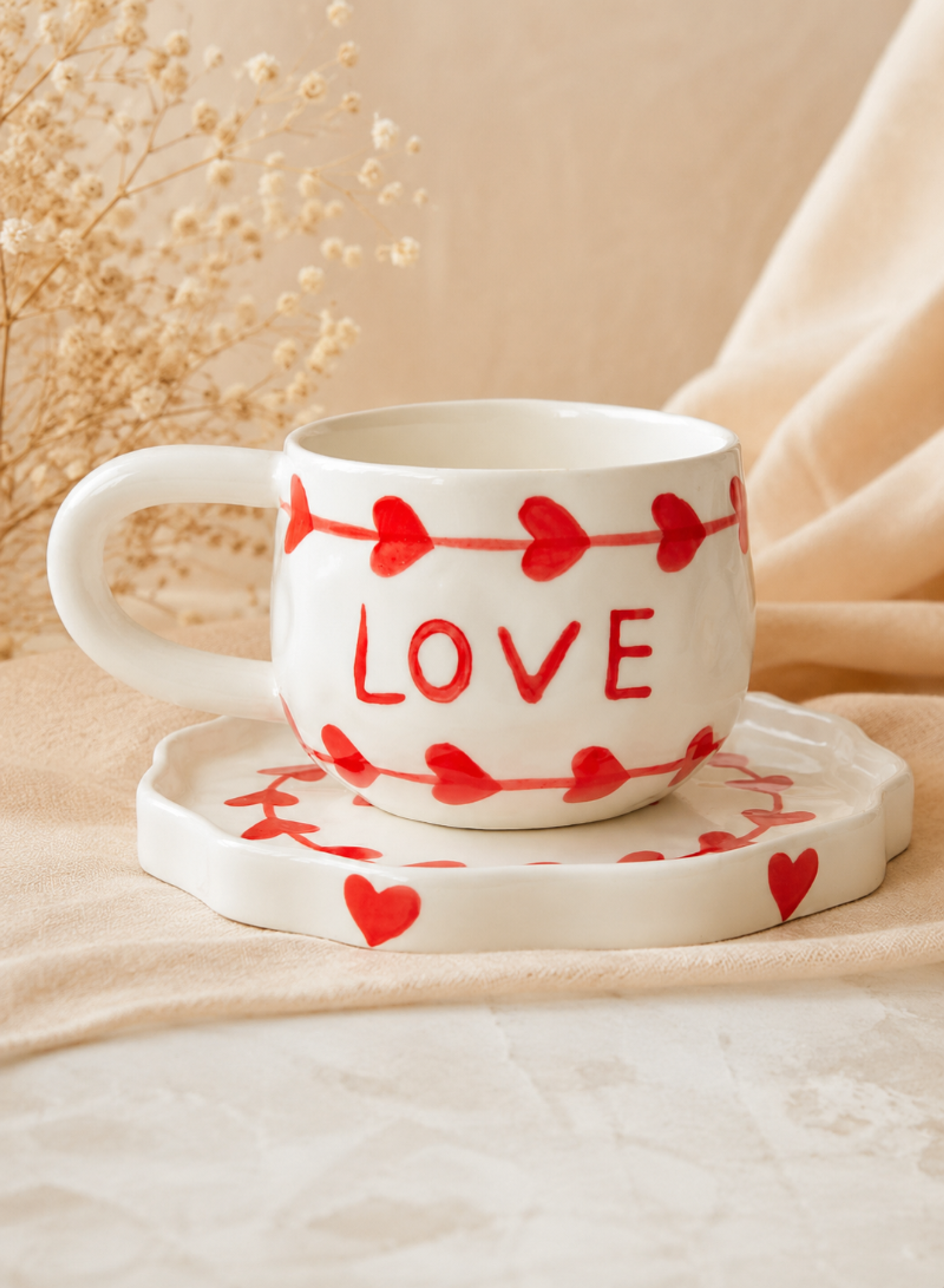 LOVE Ceramic Mug with Matching Heart Plate – White & Red Heart Design