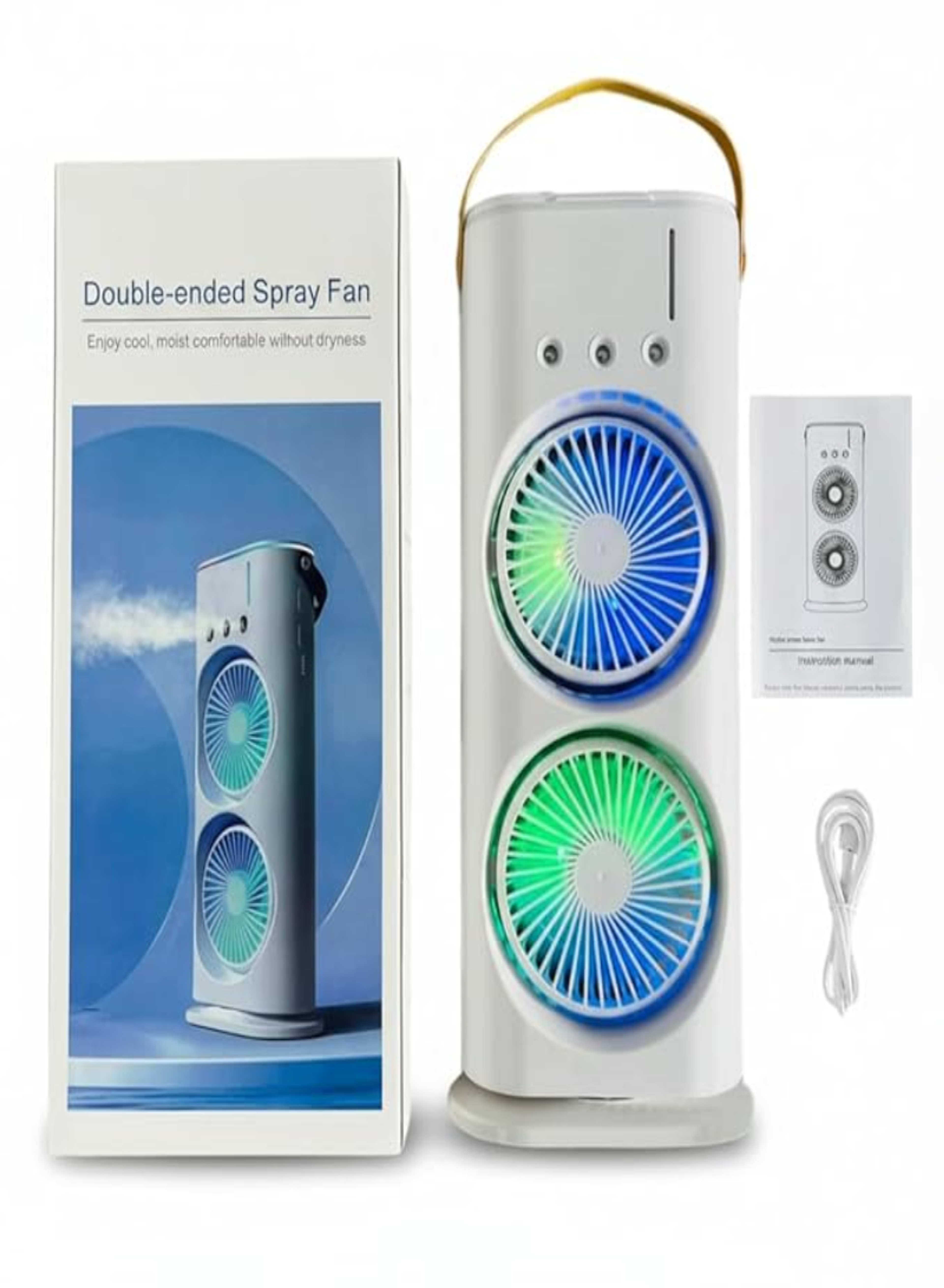 Double-Ended Spray Fan with Water Tank – Portable USB Air Cooler with Dual Fans, LED Lights & 300ml Reservoir