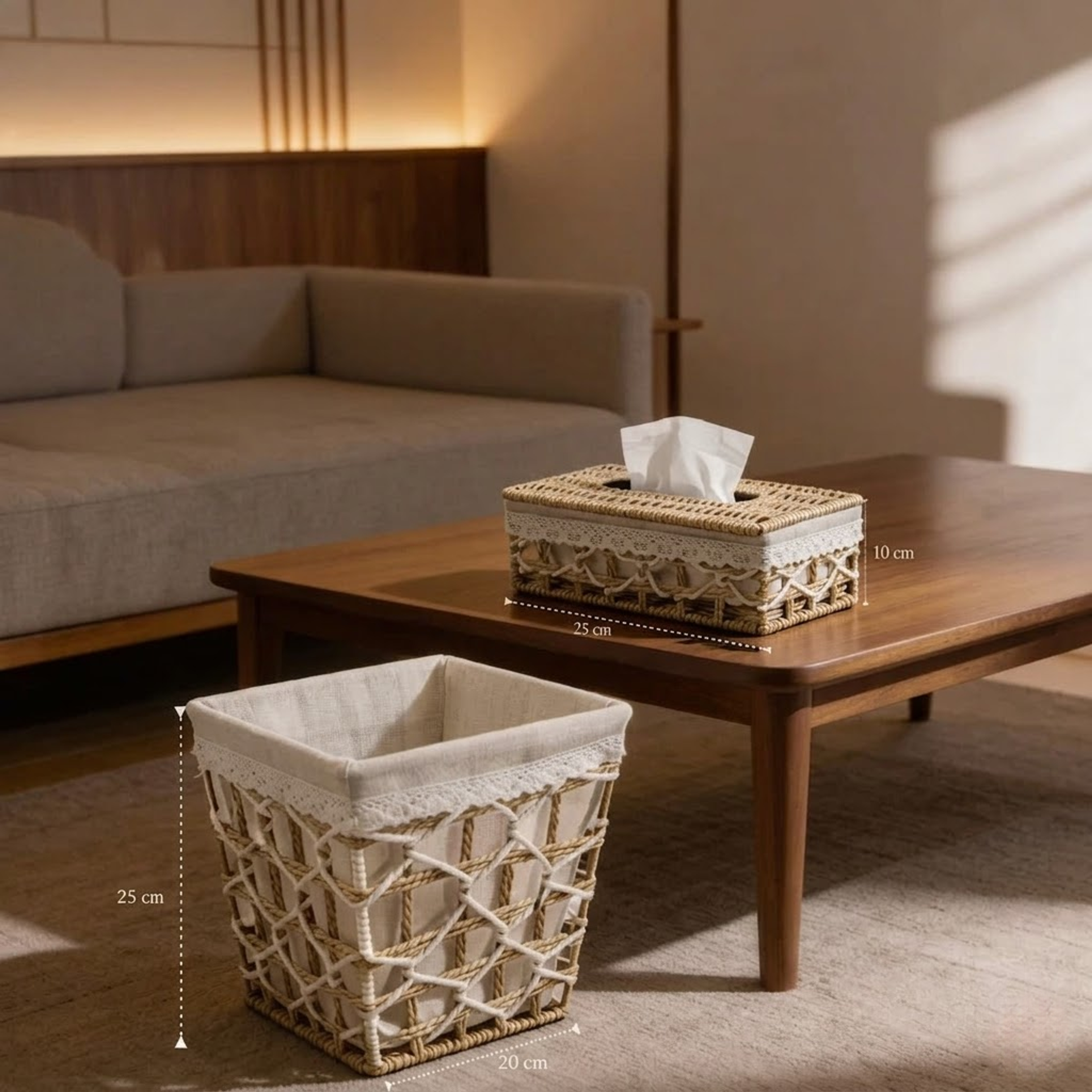 Elegant Handwoven Tissue Box Cover & Storage Basket Set – Natural Wicker with Fabric Lining-3