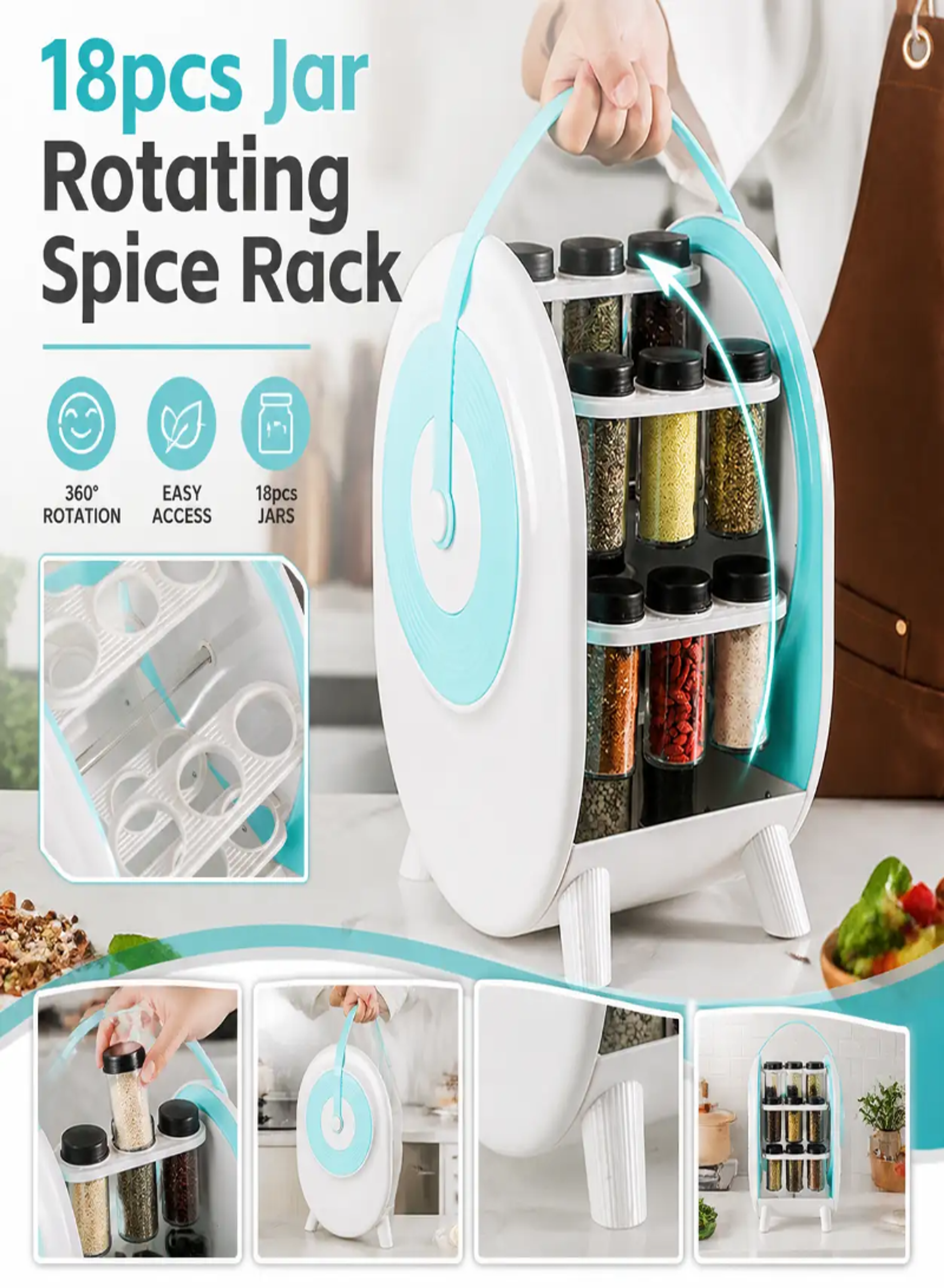 360° Rotating Spice Rack with 18 Jars – Compact Kitchen Seasoning Organizer with Stable Non-Slip Base