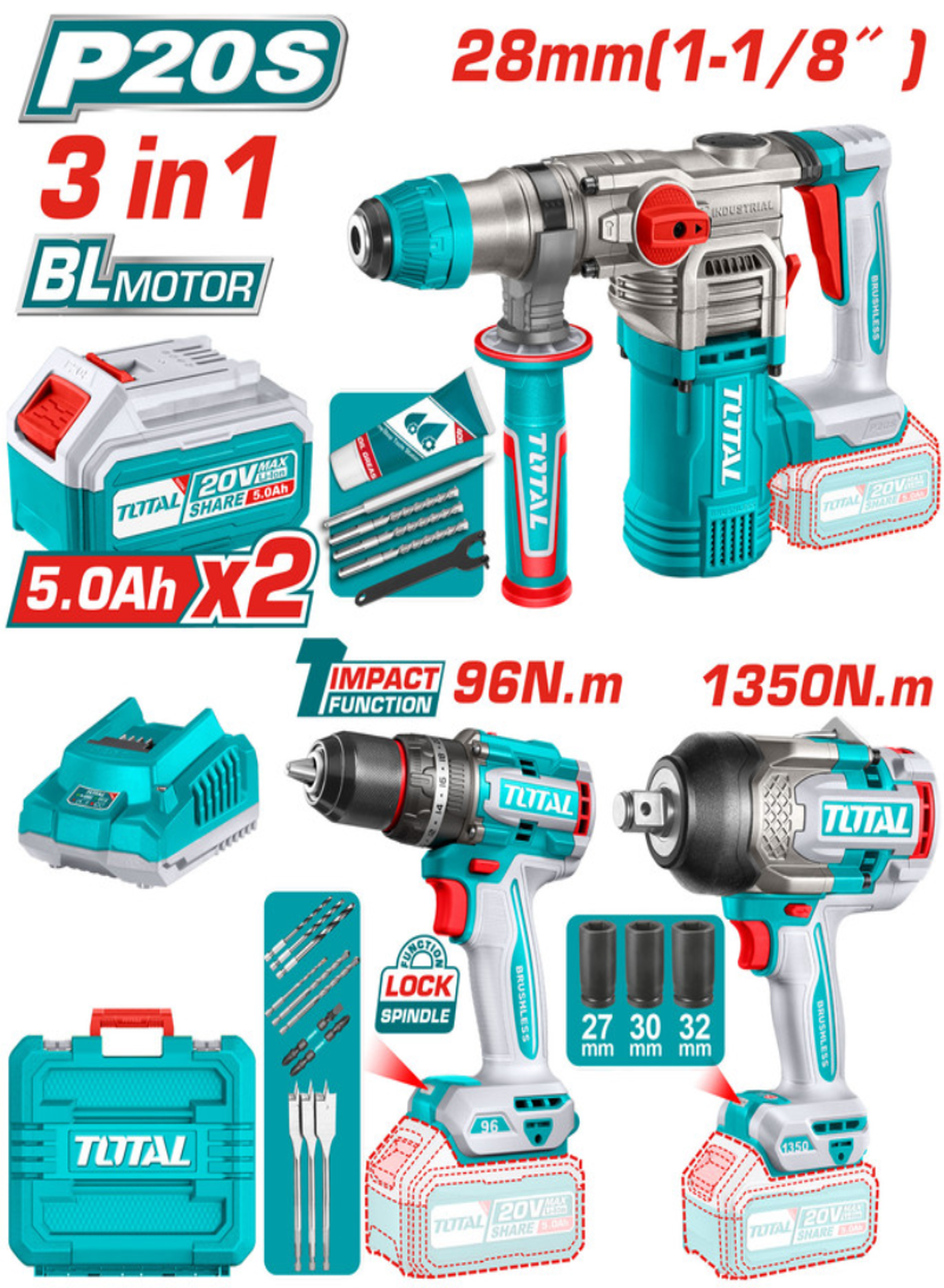 TOTAL 20V Cordless 3-Piece Brushless Combo Kit – Rotary Hammer, Impact Wrench & Impact Drill with 2×5.0Ah Batteries