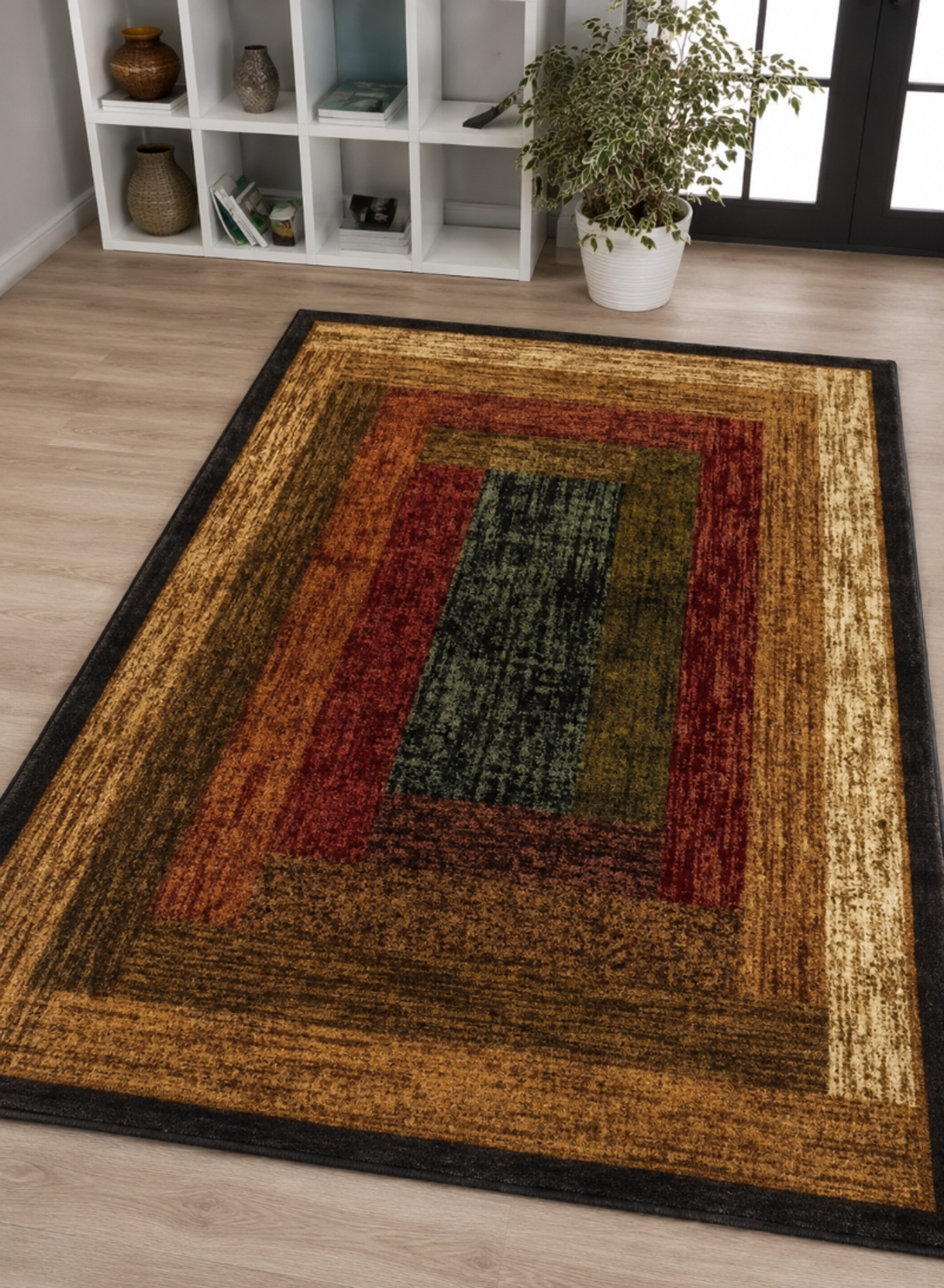Modern Geometric Area Rug with Layered Square Design – Warm-Tone Luxury Carpet for Living Room
