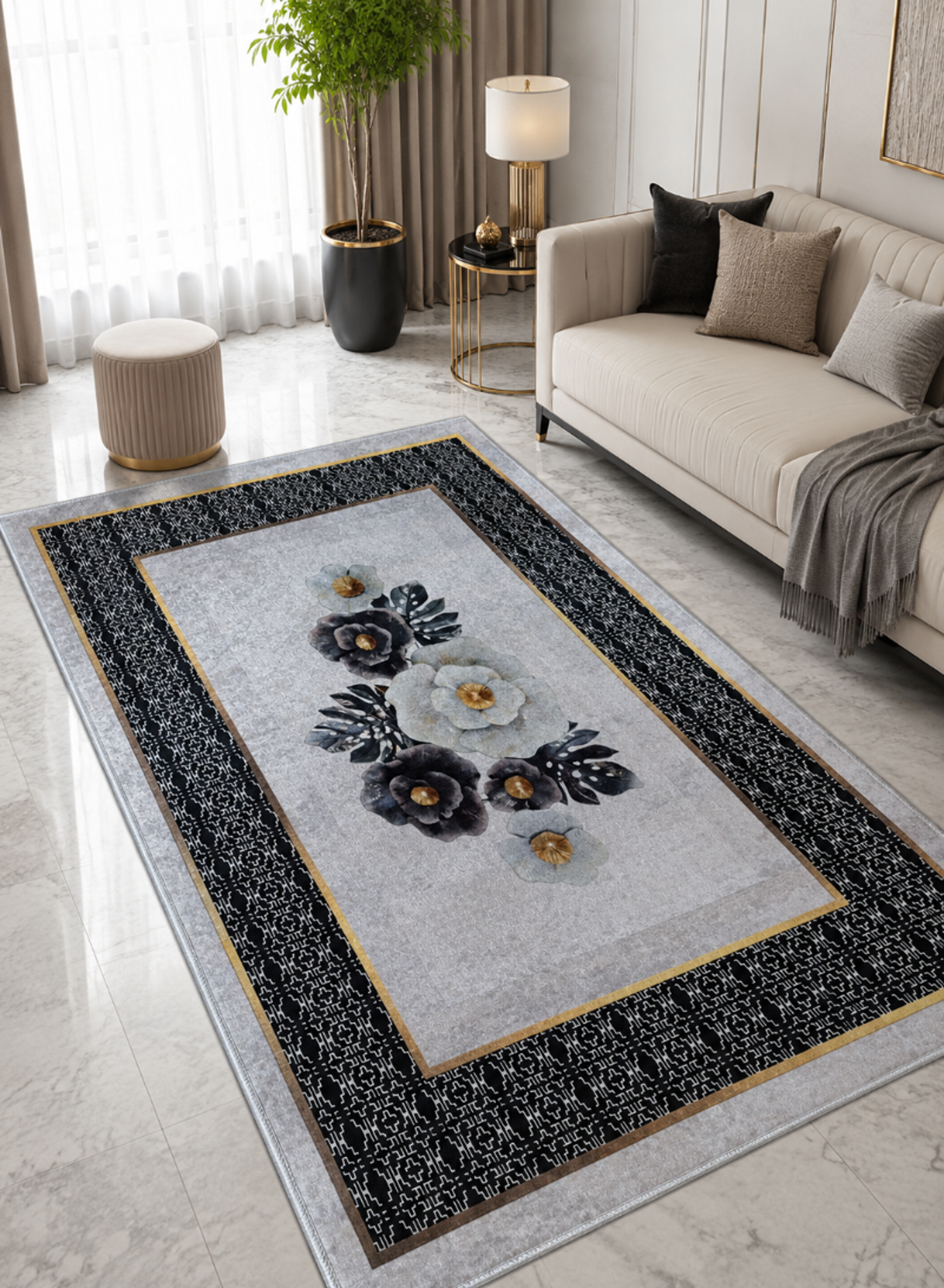 Luxury Floral Area Rug – Modern Living Room Carpet with Black Border and Gold Details