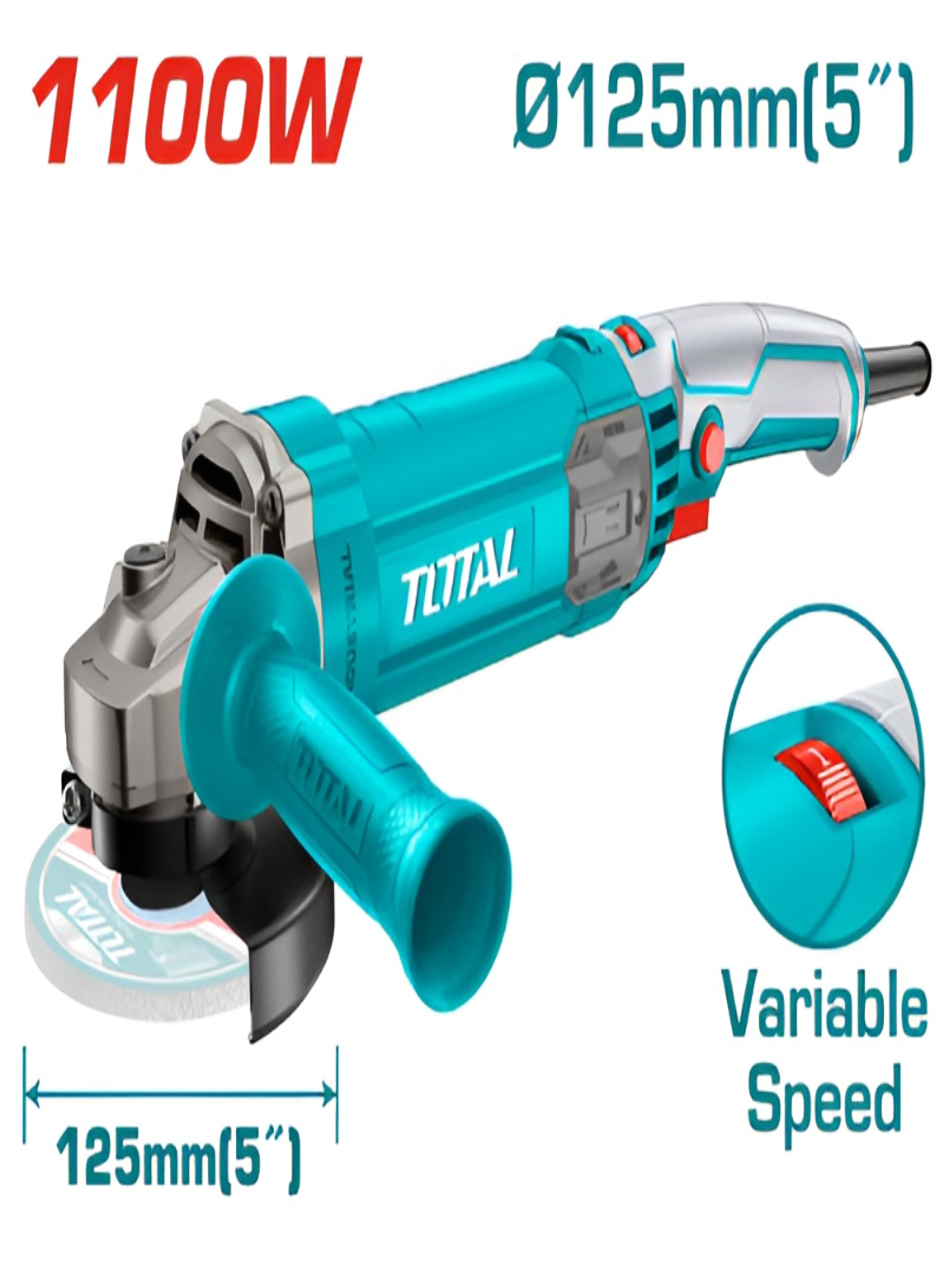 TOTAL 1100W Variable Speed Angle Grinder – 125mm Grinding Machine with Constant Speed Control