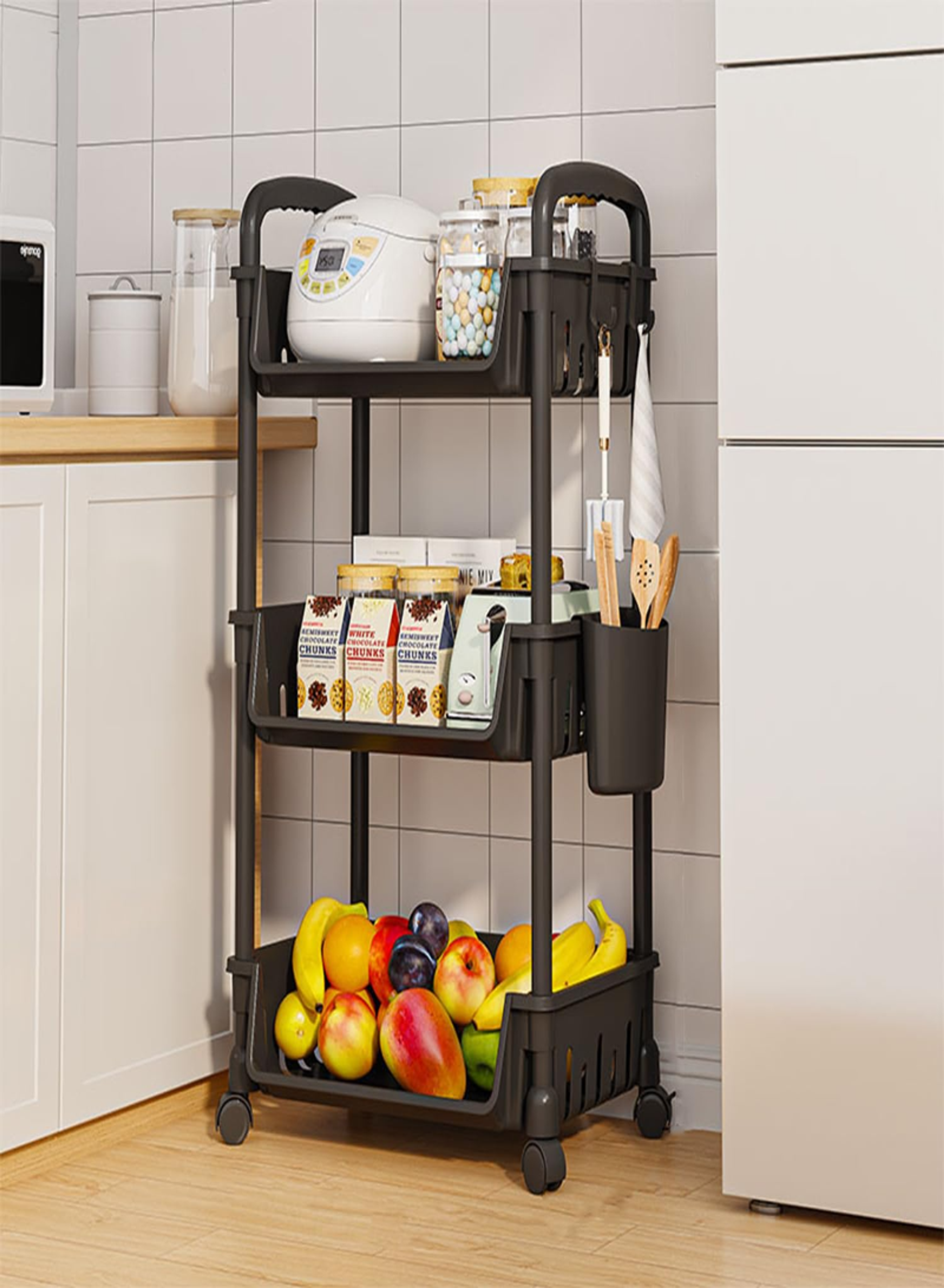 3-Tier Multipurpose Plastic Storage Rack with Wheels & Side Hooks