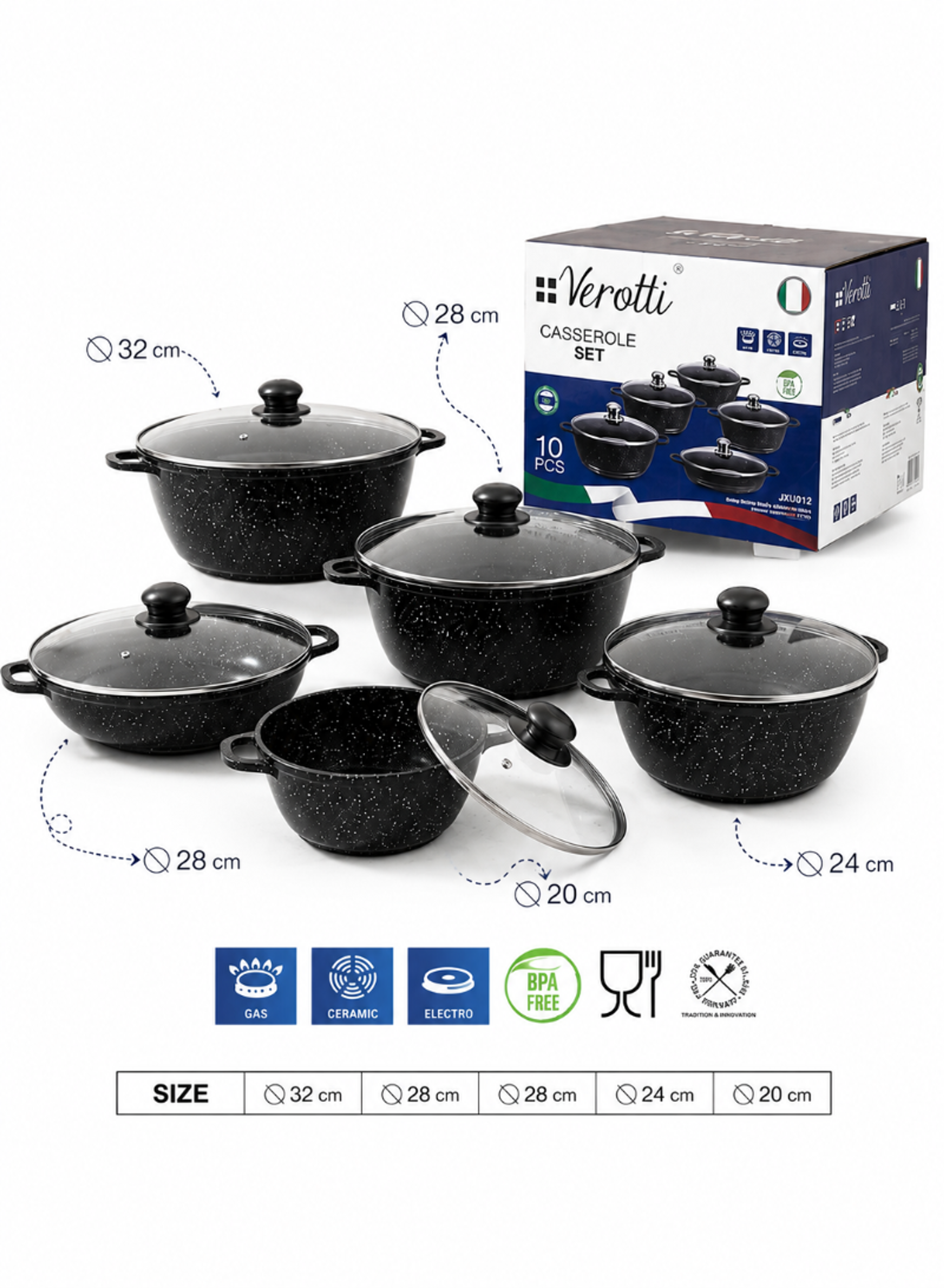 10-Piece Classic Cookware Set with Italian Design – Pots and Frying Pan with Glass Lids