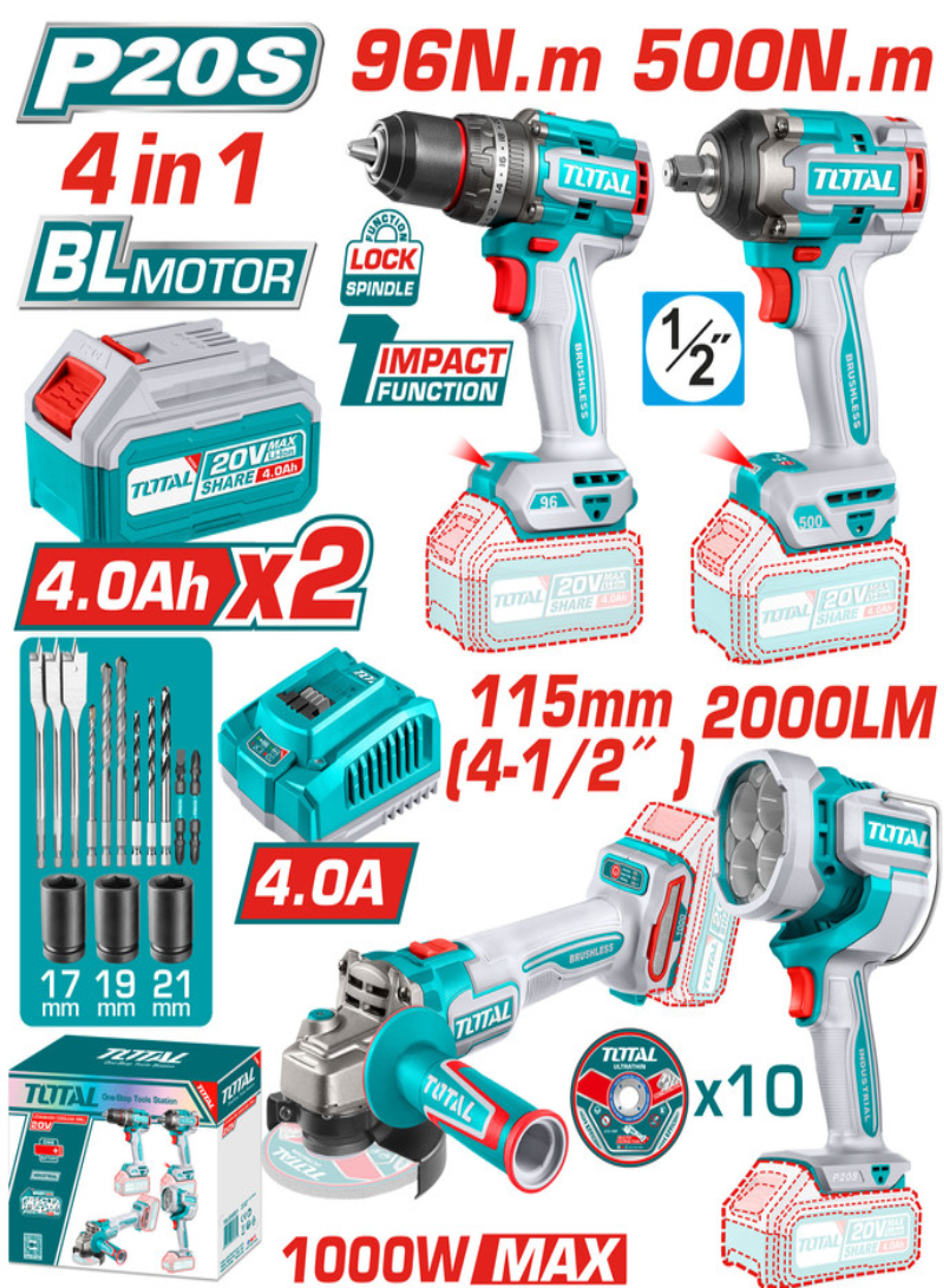 TOTAL 20V Cordless 4-Piece Brushless Combo Kit – Impact Drill, Impact Wrench, Angle Grinder & Work Lamp with 2×4.0Ah Batteries