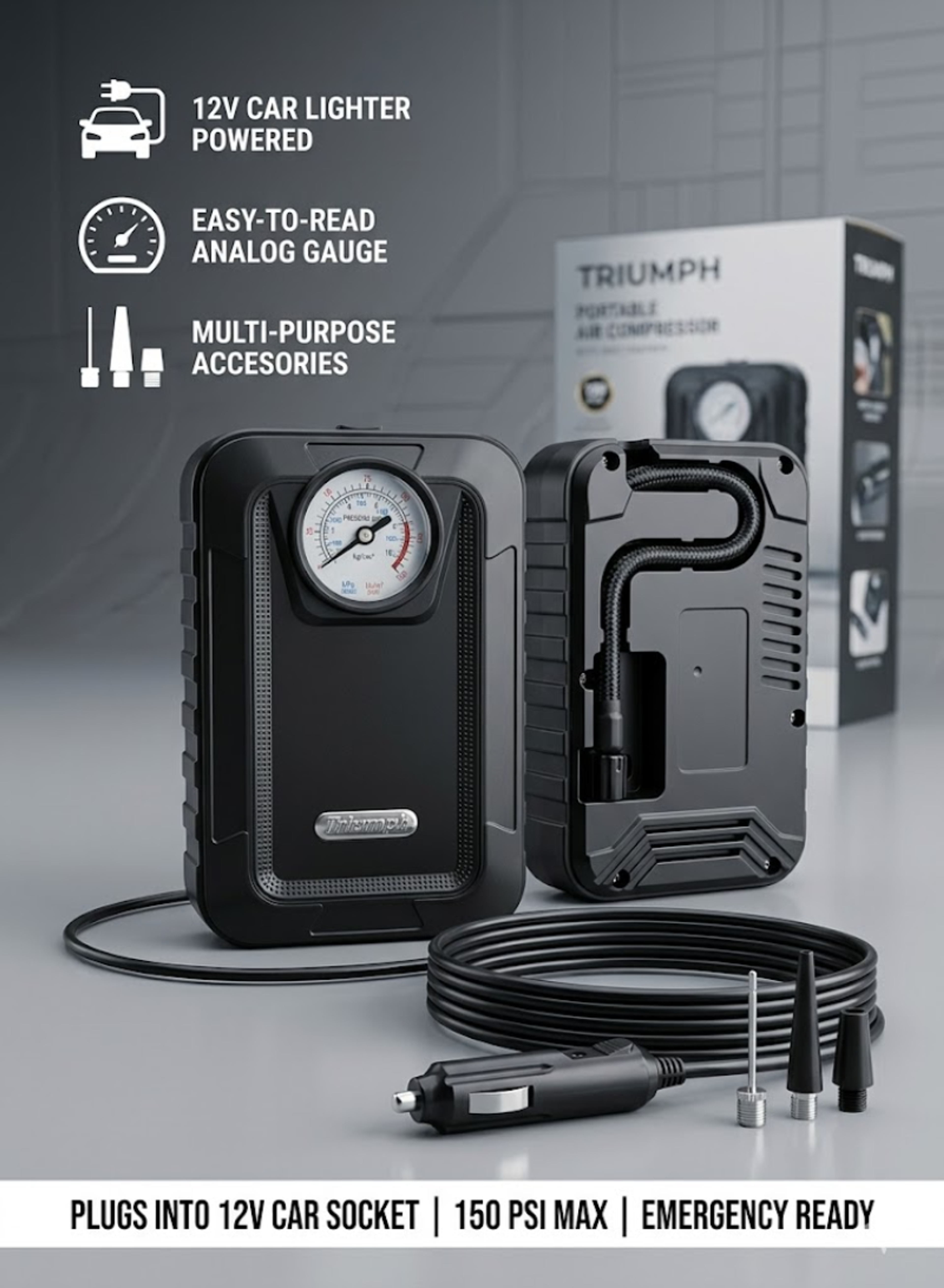 HQ-05B Portable Tire Inflator Air Compressor – Digital Auto Air Pump with LED SOS Light
