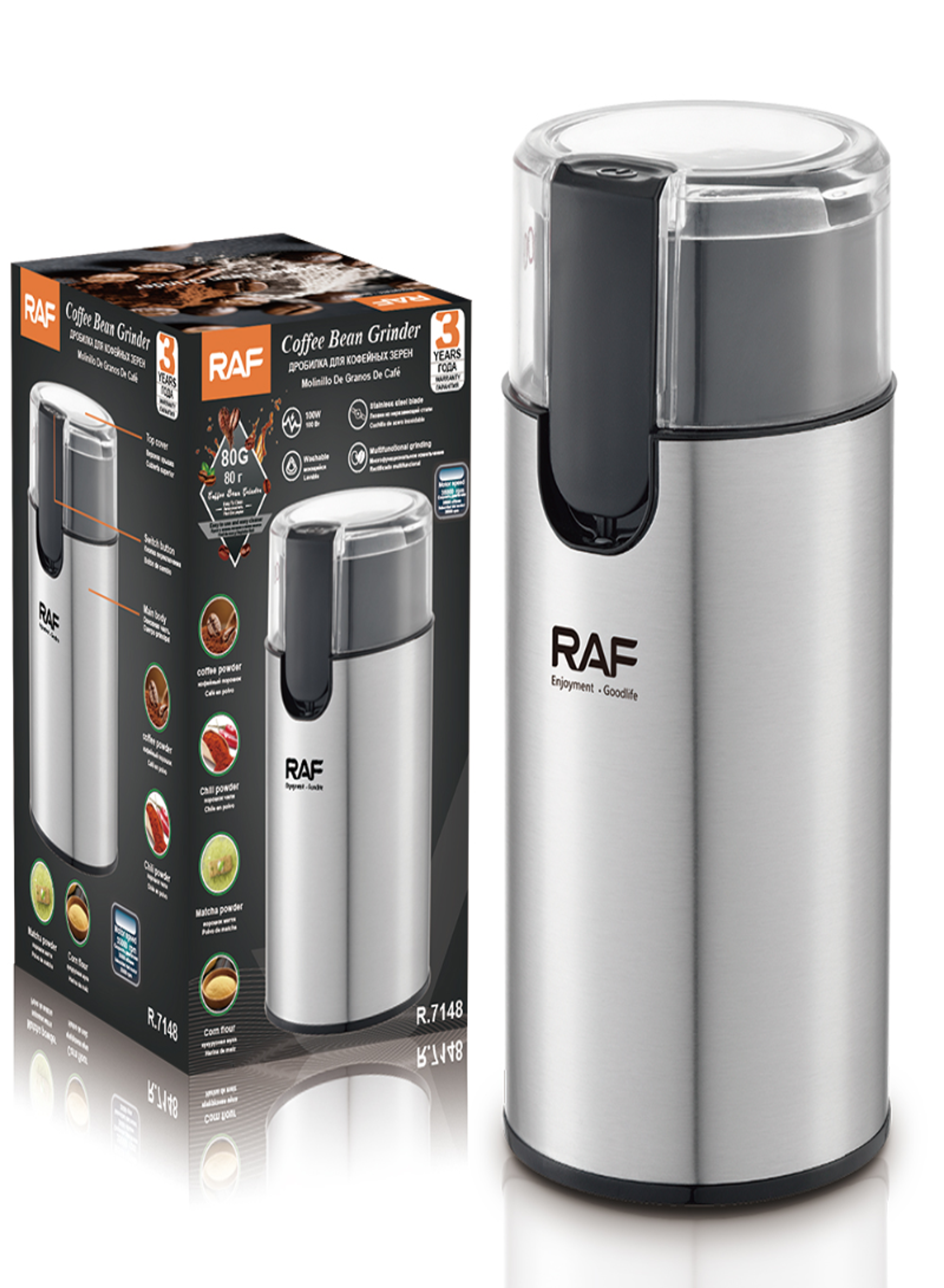 RAF R.7148 Mini Electric Grinder – Stainless Steel Coffee Bean, Spice, Herb, Salt, Pepper & Nut Grinder