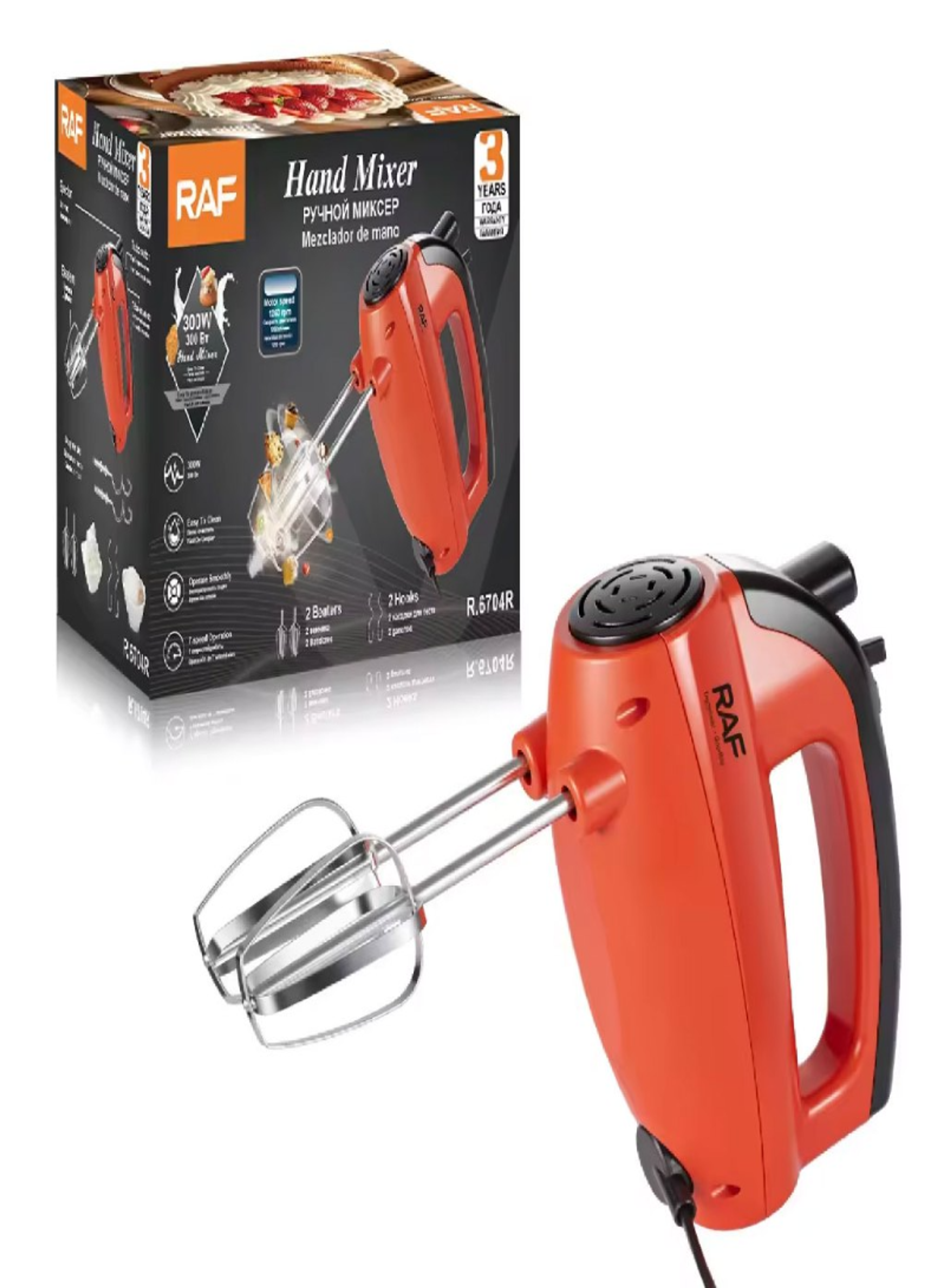 RAF R.6704 Electric Hand Mixer – 300W 7-Speed Kitchen Mixer with Stainless Steel Beaters & Dough Hooks
