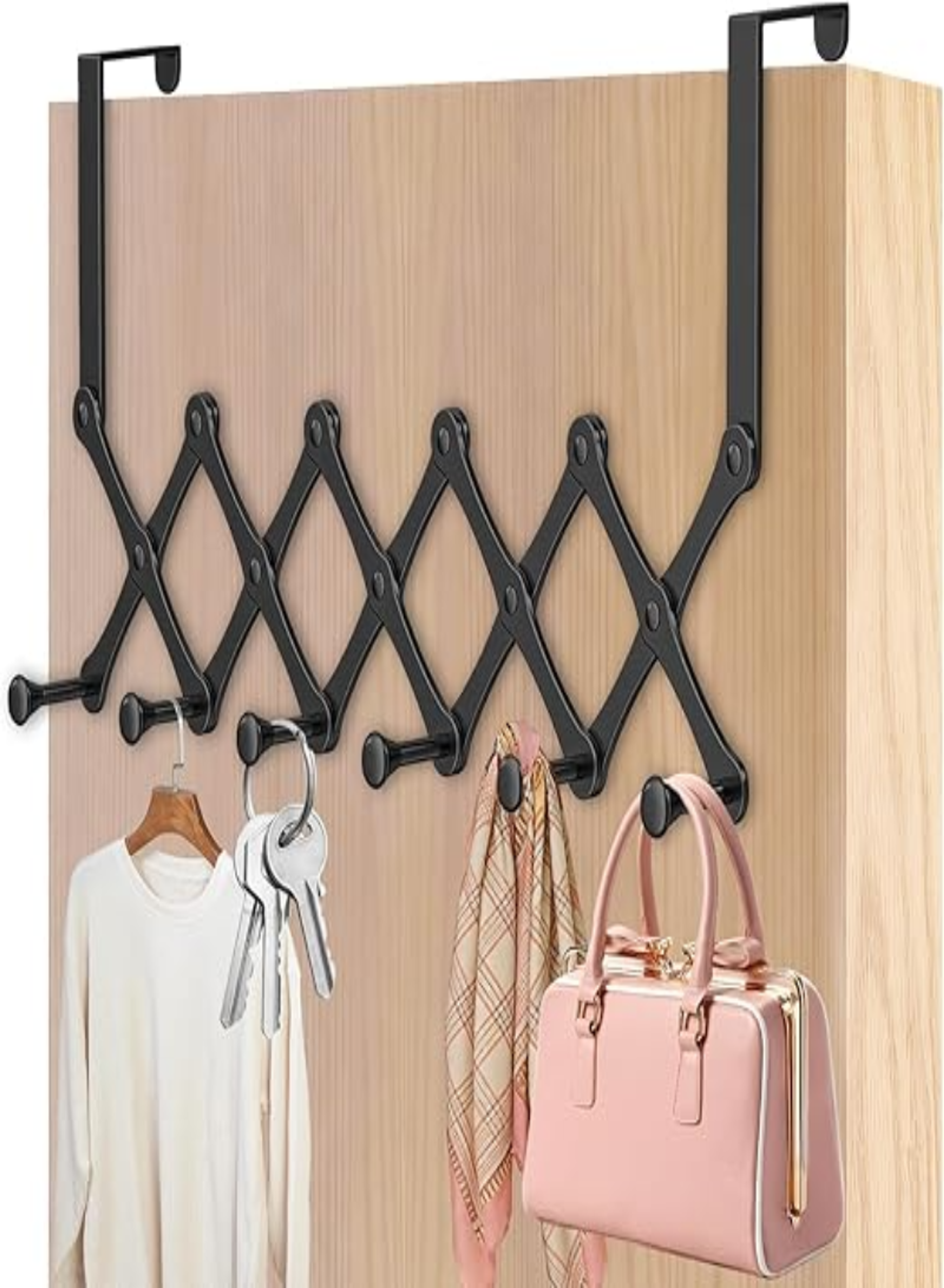 Retractable Over-the-Door Hooks Rack, Heavy Duty Carbon Steel Coat and Towel Hanger, Black 6 Hooks