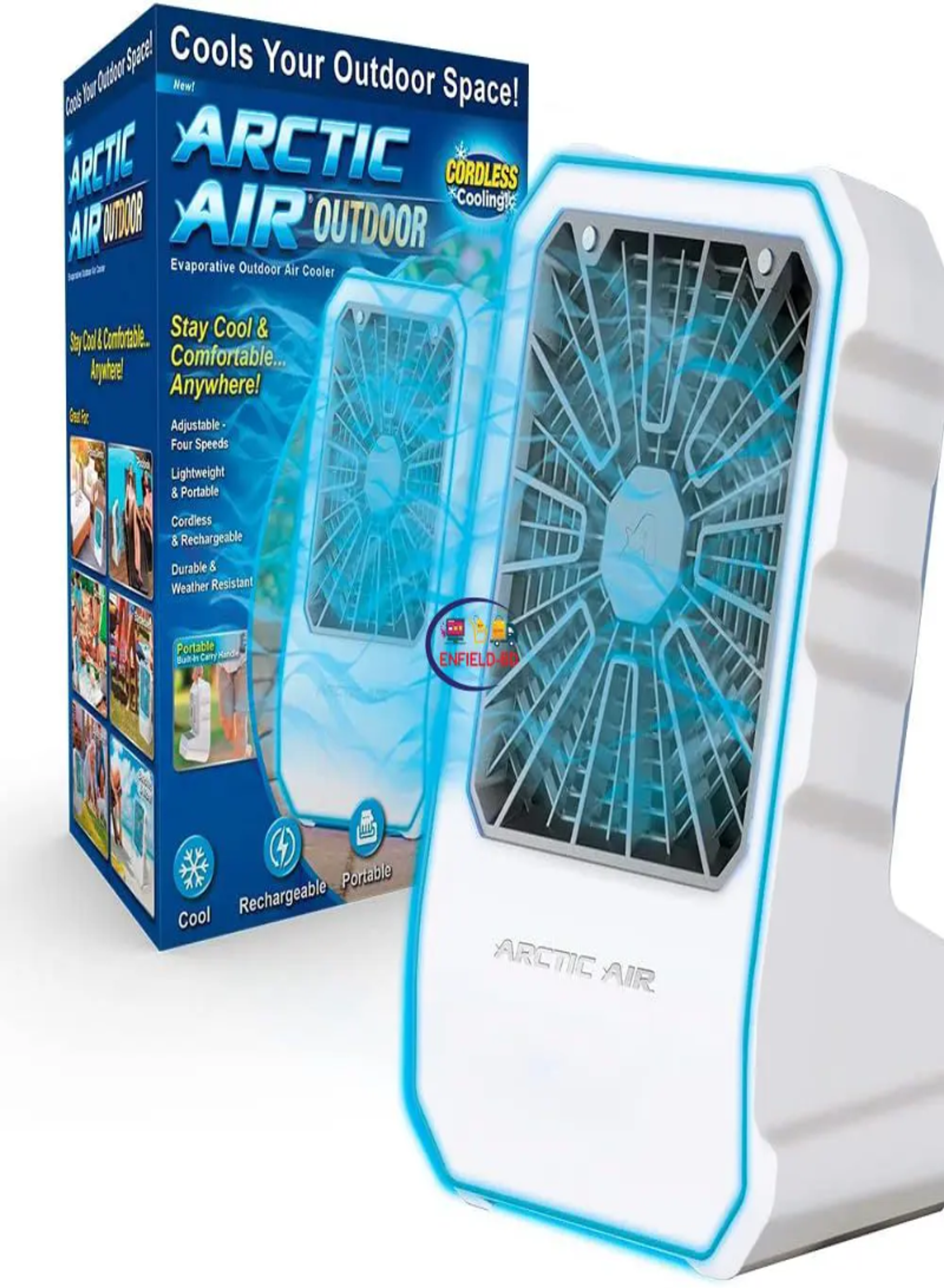 Arctic Air Outdoor Portable Evaporative Air Cooler – Cordless USB Rechargeable Cooling Fan with 4 Speeds and Built-In Carry Handle