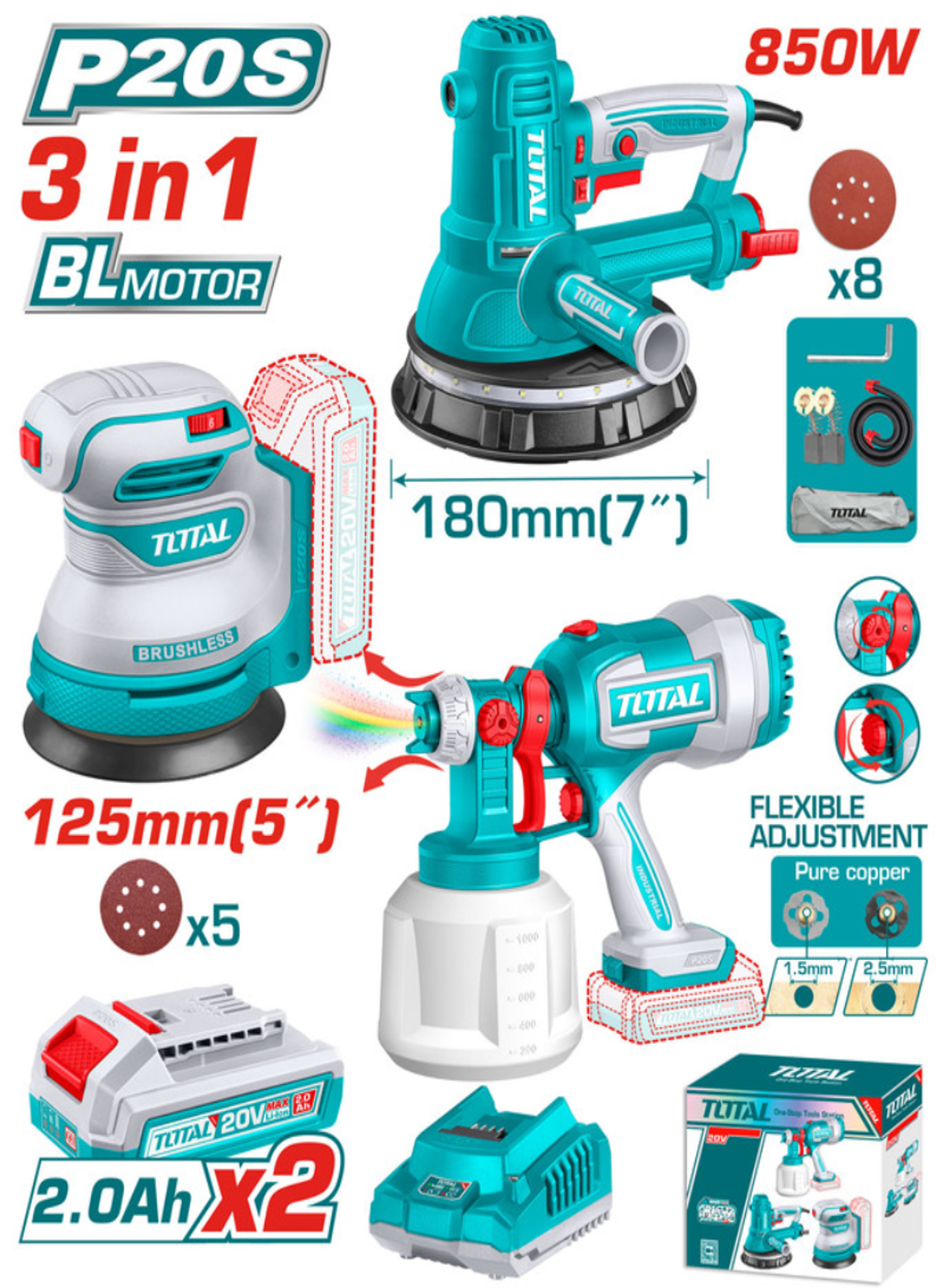 TOTAL 3-Piece Finishing Combo Kit – Drywall Sander, 20V Cordless Random Orbit Sander & 20V Cordless Spray Gun