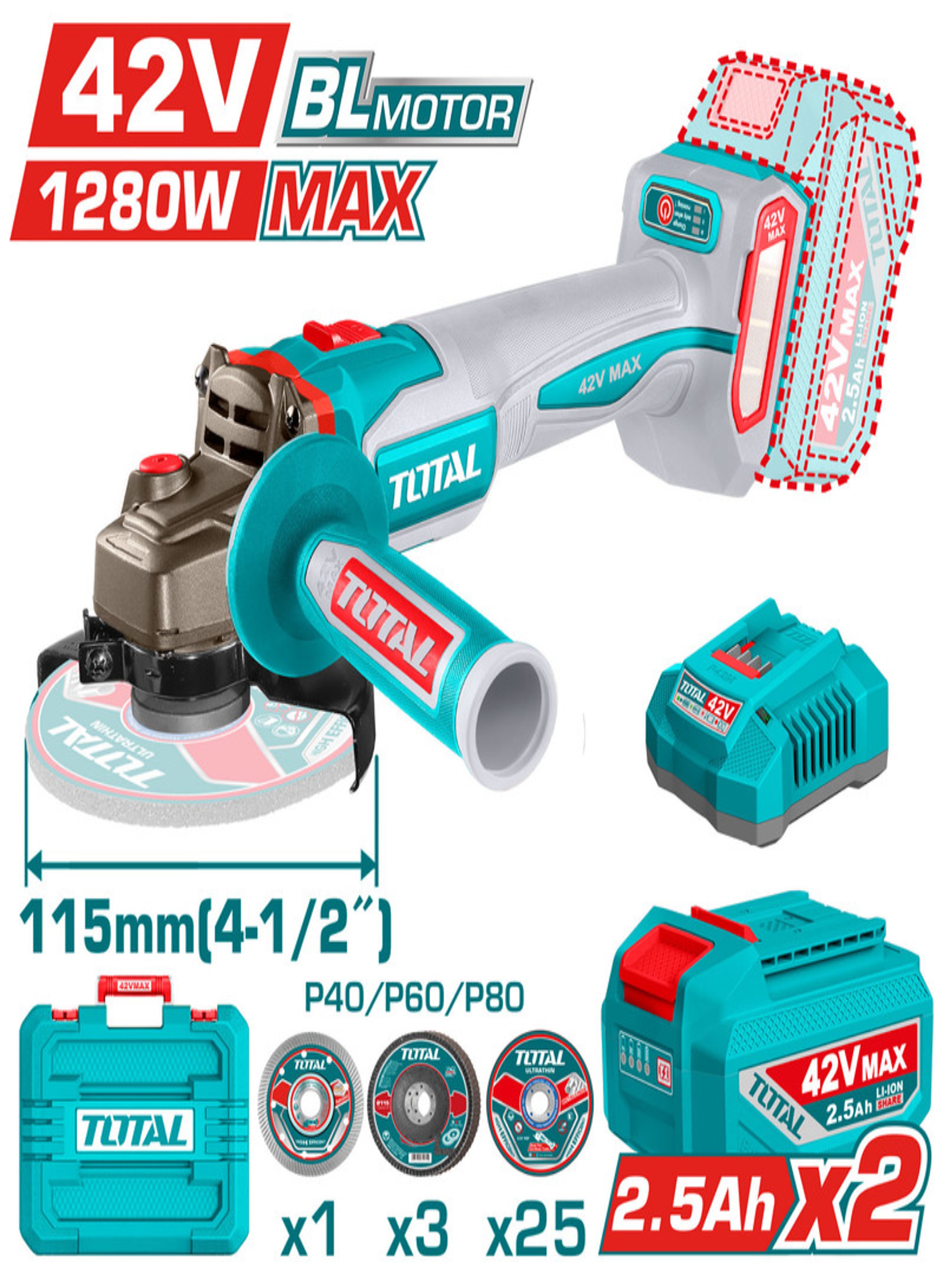 TOTAL 42V Brushless Cordless Angle Grinder with 2 Batteries & Carrying Case – 1280W