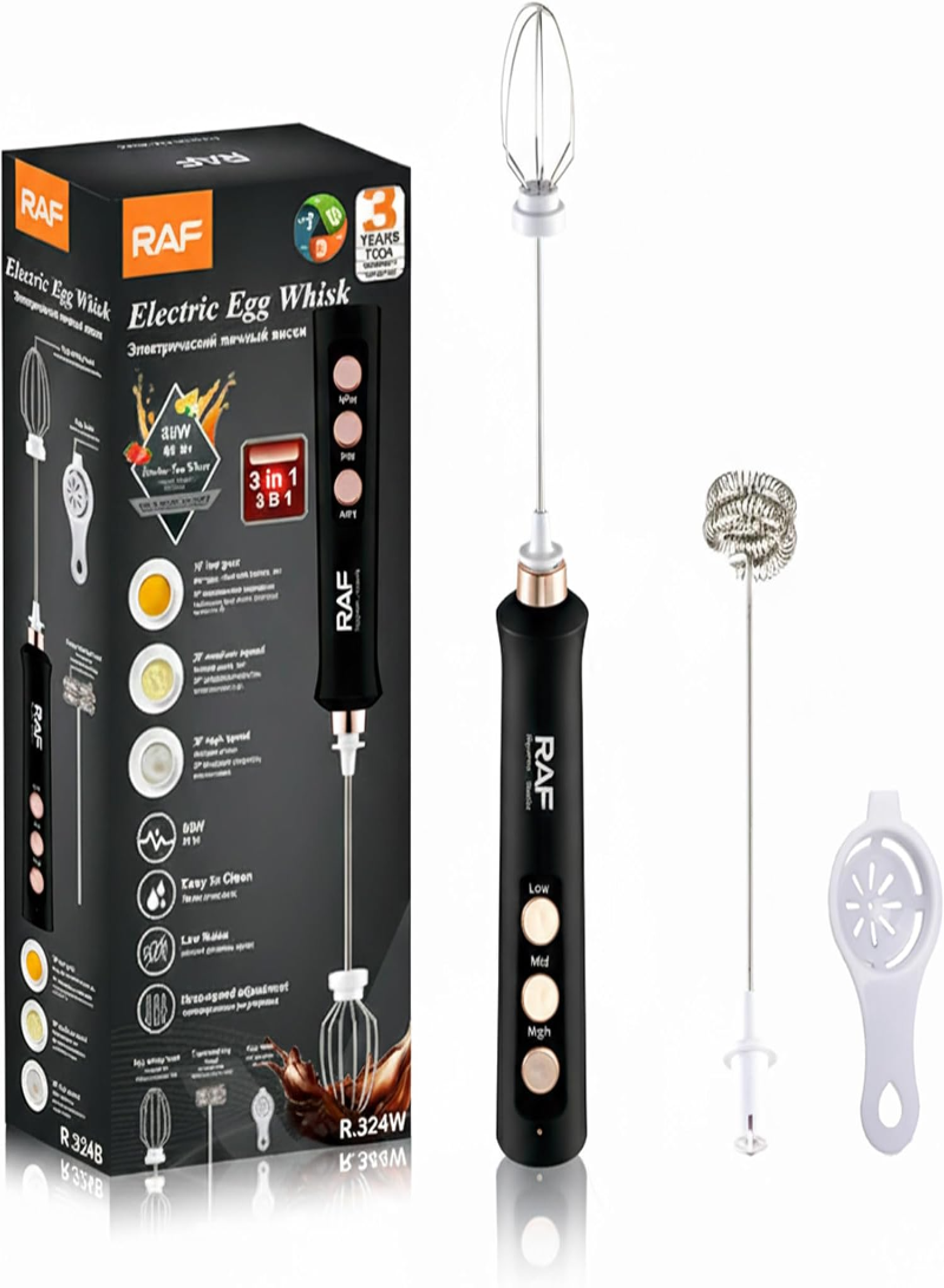 RAF R.342B 3-in-1 Cordless Electric Egg Whisk & Milk Frother – Handheld Mixer for Coffee, Eggs, and Light Batters